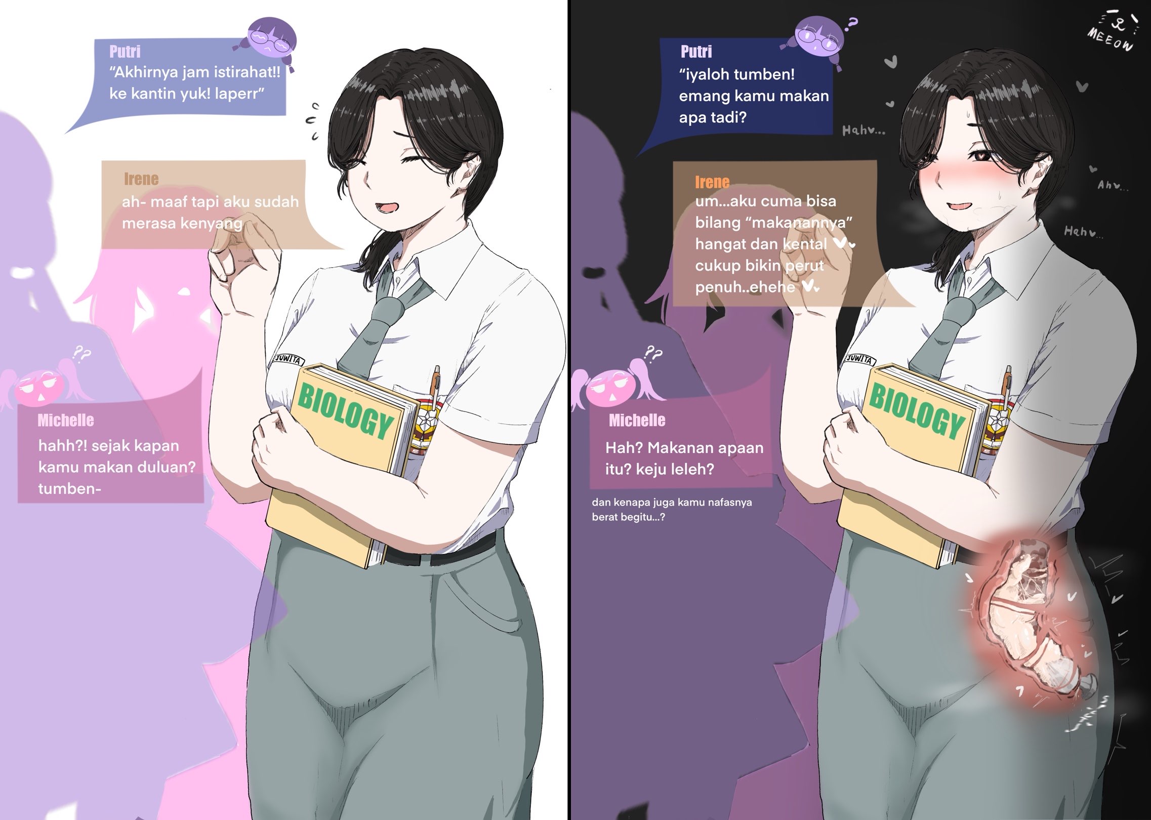 2 panel comic, 3girls, after anal, after sex, anal, anal addiction, anal creampie, anal only, anal only lifestyle, anal orgasm, anal slut, anal suggest, asian female, ass, black hair, blush, butt plug, chinese indonesian, conversation, cum, cum in ass, cum in intestines, cum inside, cum plugged, cum pool, female, female focus, female orgasm, heart-shaped pupils, holding book, horny female, indonesian, indonesian high school uniform, indonesian school uniform, indonesian text, internal view, intestines, irene juwita, meeow68, nervous smile, orgasm, orgasm face, original character, plump, public indecency, school uniform, schoolgirl, slightly chubby, stealth, steamy breath, student, sweat, talking to another, x-ray view