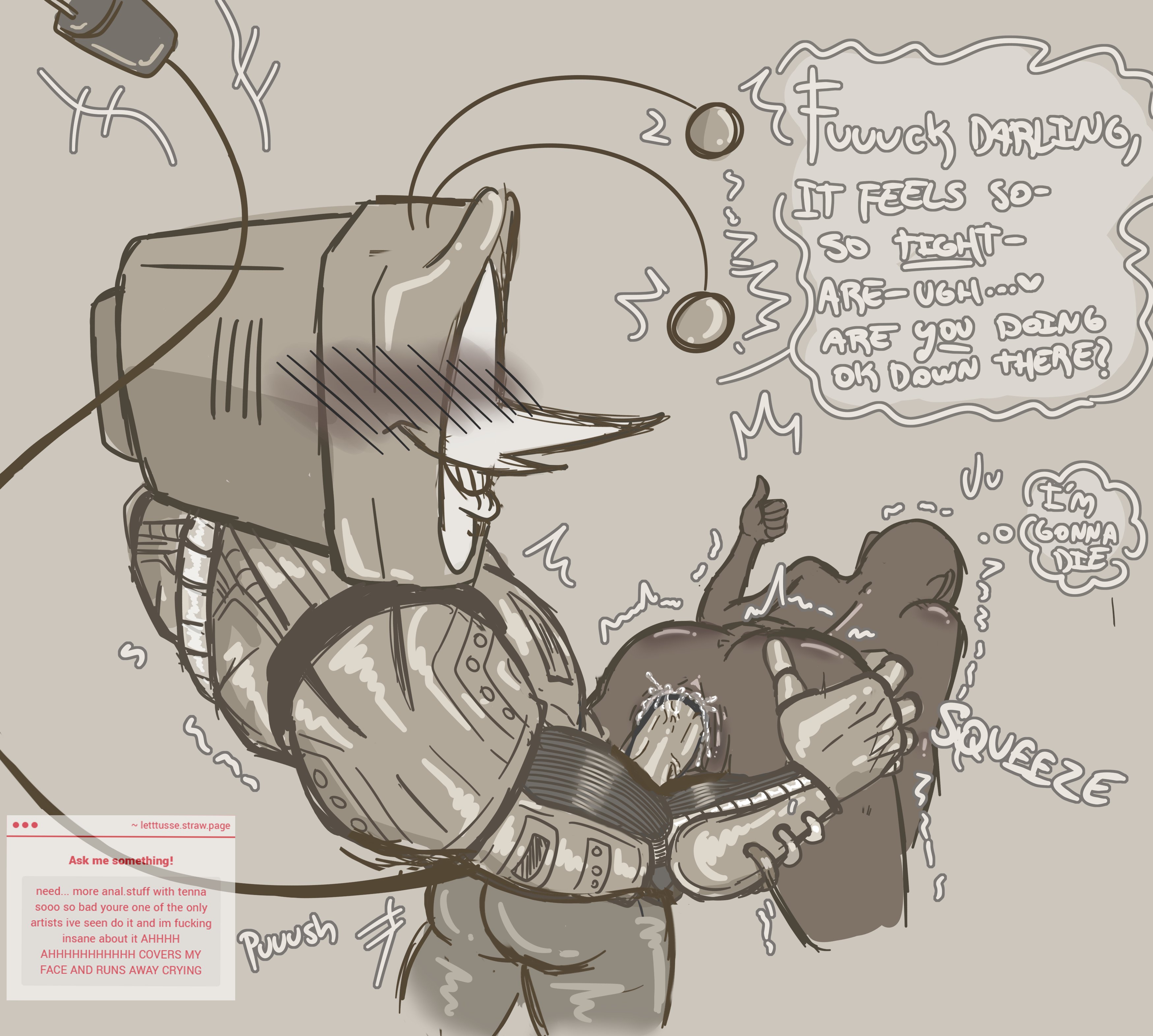 anal, anal sex, antennae (anatomy), big penis, deltarune, letttusse, lube, male, oc x canon, penis, robot humanoid, self insert, size difference, tail, tenna (deltarune), text, text bubble, tight fit, tv head, y/n, you