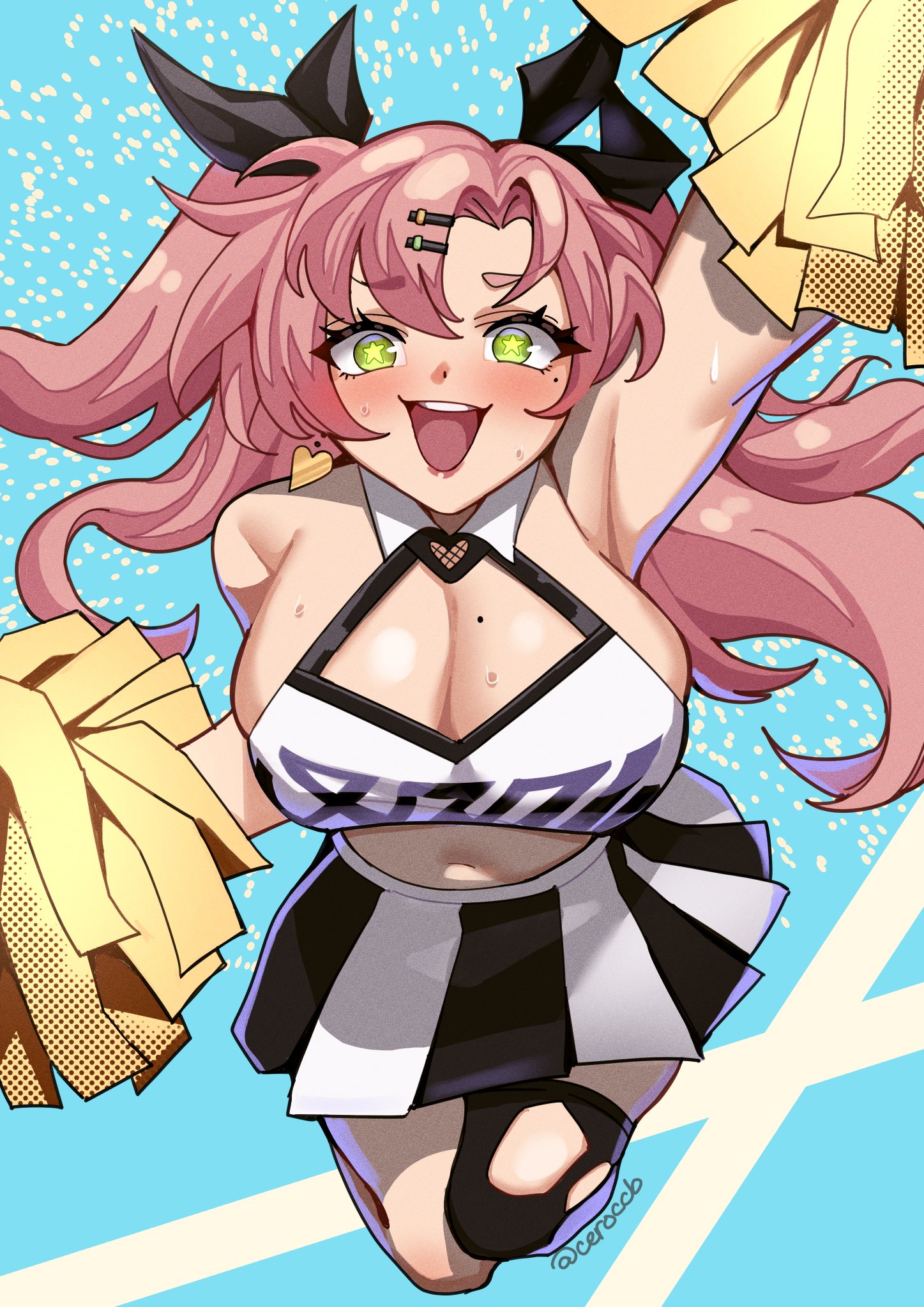 1girls, armpit, armpits, arms up, beauty mark, big breasts, breasts, busty, ceroccb, cheerleader, cheerleader uniform, female, female only, green eyes, hoyoverse, huge breasts, large breasts, light skin, light-skinned female, mihoyo, mole, nicole demara, pom poms, smile, smiling, zenless zone zero
