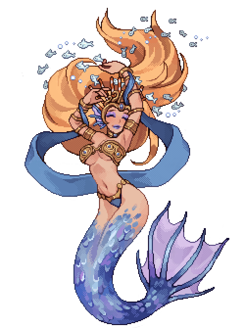 blonde_hair breasts closed_eyes female fish fish_humanoid fish_tail marble_gate_dungeon mermaid metal_bikini pixel_art transparent_background twolips