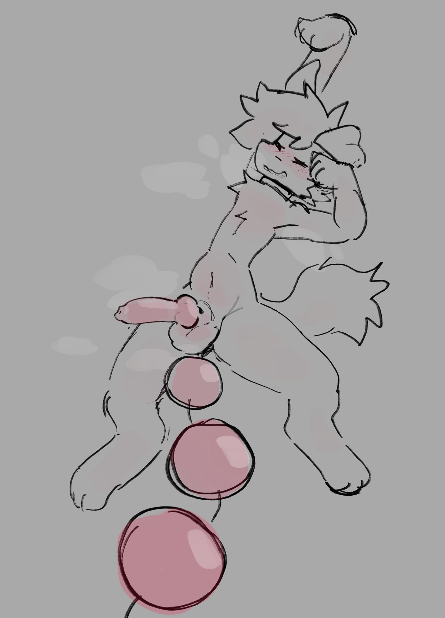 1boy, 2025, anal beads, anal insertion, anal toy, anthro, balls, belly, belly bulge, big anal beads, blush, breath clouds, canine, canine penis, closed eyes, closed mouth, collar, dog ears, femboy, furry, gay, knot, knotted penis, looking pleasured, male, musk clouds, penis, sammy toyy, tail, thighs
