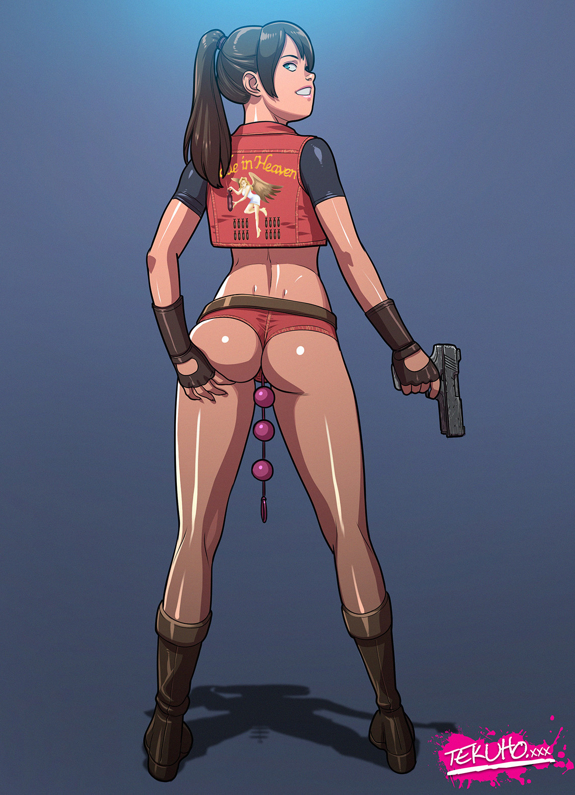 1girls, anal beads, artist name, ass, belt, big ass, blue eyes, boots, brown hair, capcom, claire redfield, female, female only, fingerless gloves, firearm, footwear, full body, gloves, gun, handgun, handwear, high resolution, hips, hotpants, jacket, large ass, legs, long hair, looking at viewer, looking back, outerwear, pistol, resident evil, resident evil 2, revealing clothes, sex toy, shoes, solo, standing, tekuho, thighs, tied hair, weapon, web address