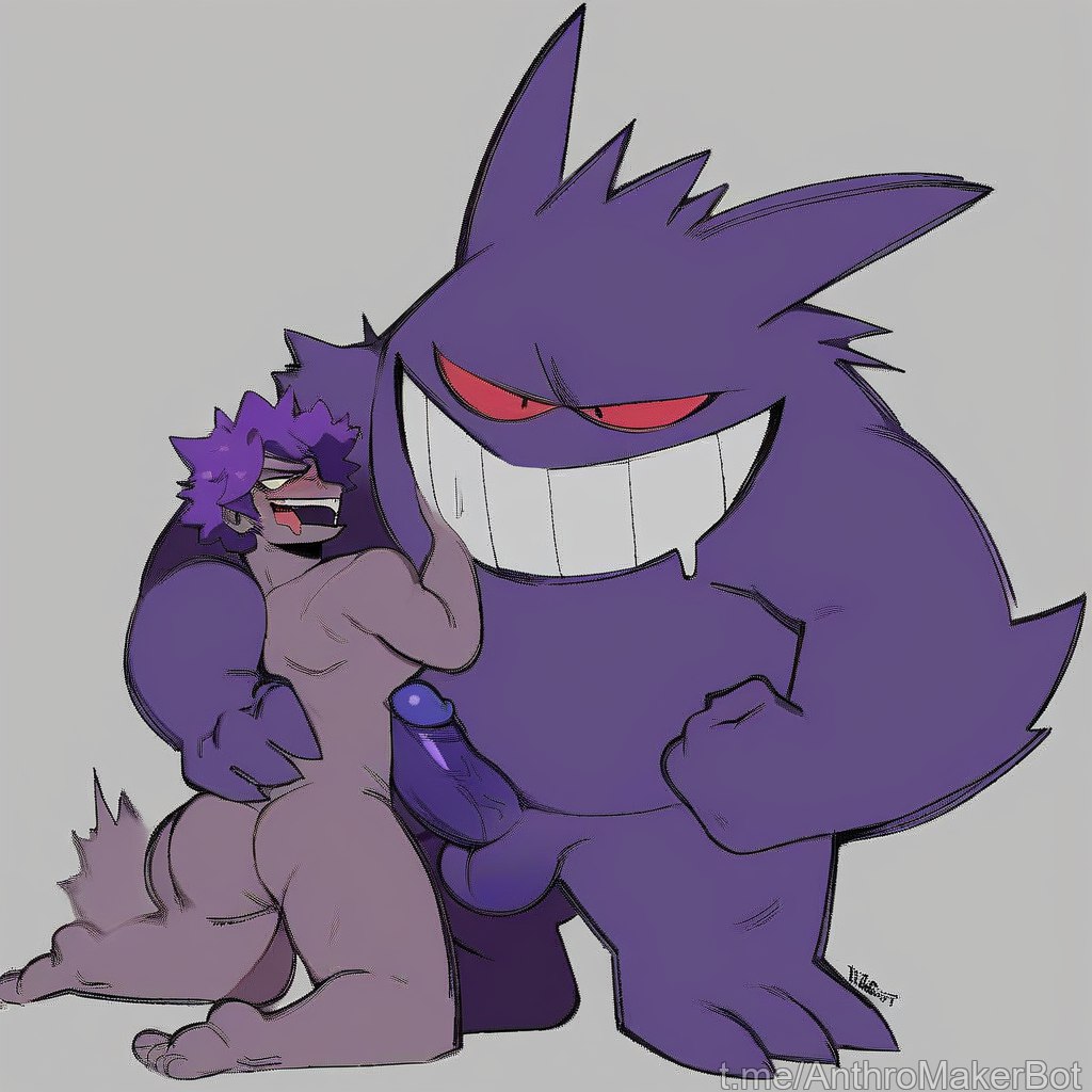 ai_generated arm_around_partner blush cock_worship domination domination/submission evil_grin forced forced_submission gay gay_domination gengar human hypnosis on_knees pokemon pokemon_(species) pokemon_trainer pokephilia tongue_out worship worshiping