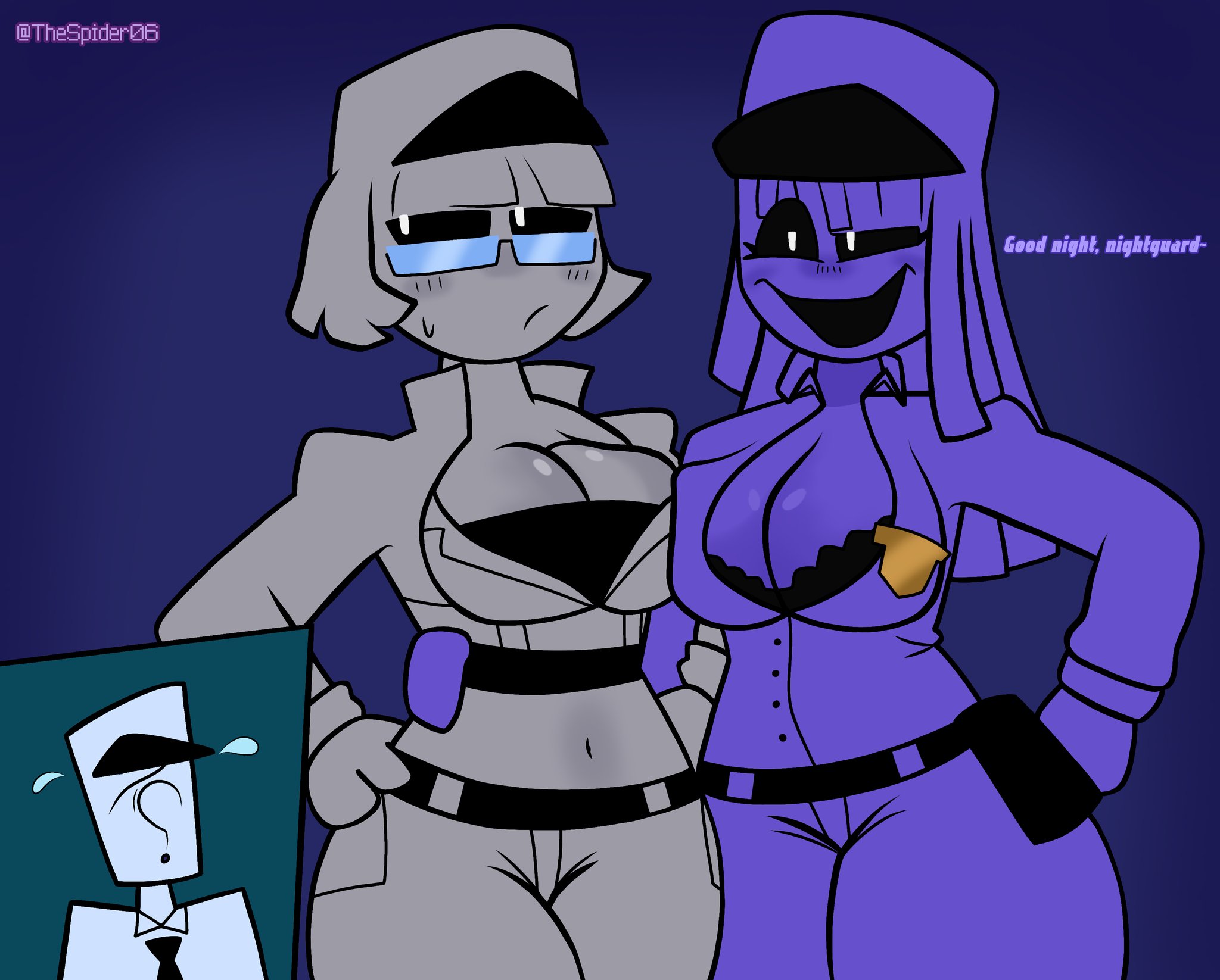 1boy, 2girls, belly button, blushing female, bra, cleavage, cleavage cutout, cleavage window, curvaceous, curvaceous female, curvy, curvy female, curvy figure, female, five nights at freddy's, grey hair, grey skin, grey-skinned female, hailey emily, henry emily, male, mischievous smile, nightguard, professional clothes, purple hair, purple skin, rule 63, security guard, text, wendy afton, wendy afton (sqwunx design), william afton