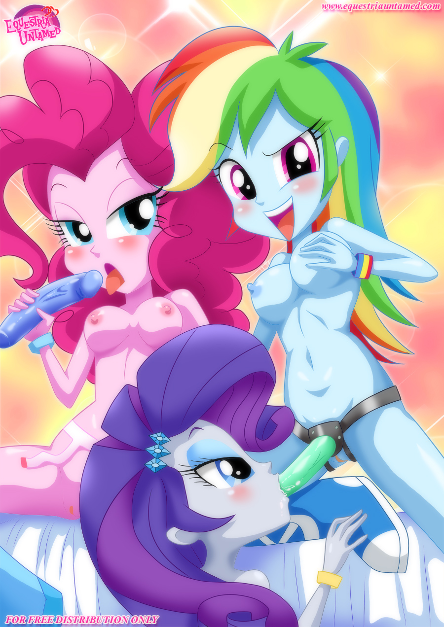 3girls, bbmbbf, boots, breasts, equestria girls, equestria untamed, female, friendship is magic, medium breasts, my little pony, on bed, palcomix, pinkie pie (eg), pinkie pie (mlp), rainbow dash (eg), rainbow dash (mlp), rarity (eg), rarity (mlp), smooth skin, strap-on, strapon, yuri