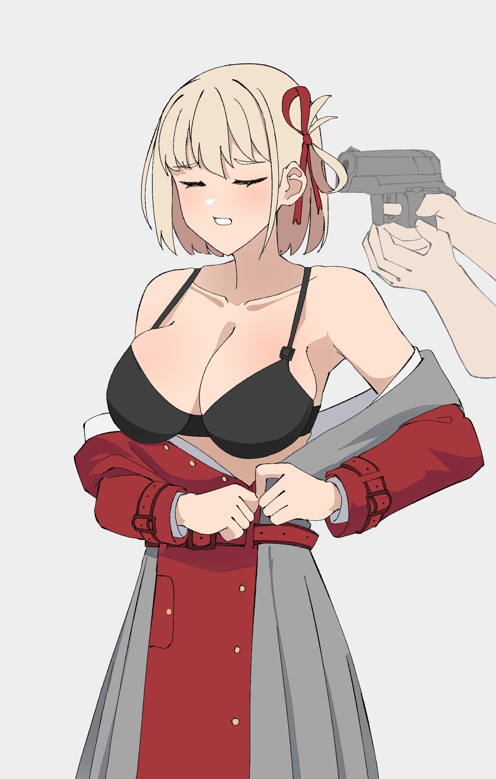 1boy, 1girls, big breasts, black bra, black underwear, blonde female, blonde hair, breasts, closed eyes, female, forced, forced undressing, gar32, gun, gun to head, gunpoint, lycoris recoil, male, nishikigi chisato, underwear, undressing