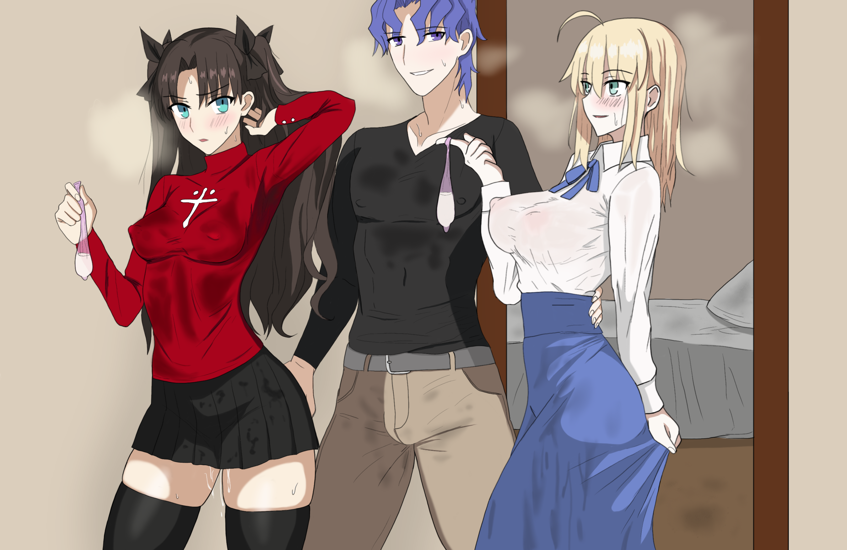 1boy, 2girls, after sex, artoria pendragon, ass, ass grab, condom, fate (series), female, ffm threesome, happy, happy sex, male, matou shinji, netorare, nionzore, saber, smile, sweat, tagme, tagme (artist), threesome, tohsaka rin