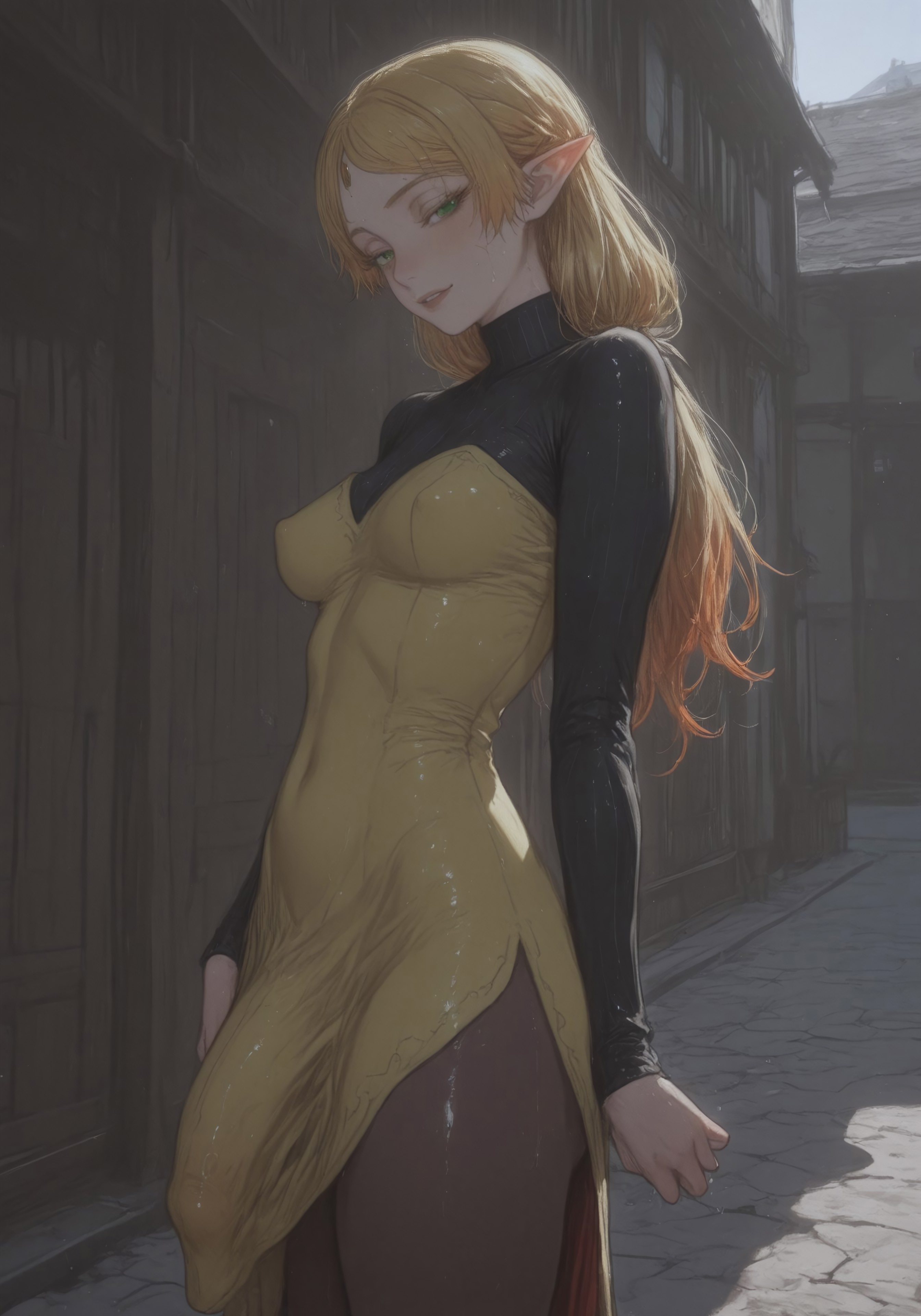 ai generated, breasts, bulge, bulge through clothing, clothed, elf, elf ears, female, fully clothed, futanari, hi res, intersex, isekai ojisan, looking back, myth1c2, penis, penis bulge, small breasts, sui (isekai ojisan)