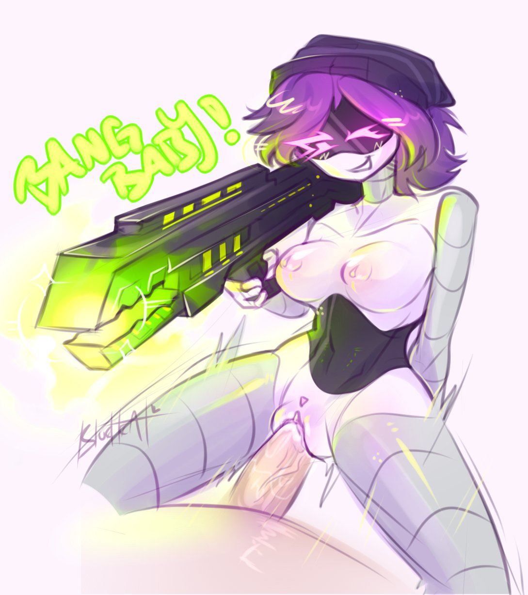 1boy, 1girls, 2d, breasts, cowgirl position, female, female focus, glowing eyes, hornstarkitty, improper handing of a firearm, large breasts, male, male/female, mechanical, murder drones, nude, nude female, purple hair, pussy, questionable consent, robot, robot girl, robot humanoid, sex, solid color background, straight, uzi (murder drones), vaginal, vaginal penetration, vaginal sex, white background