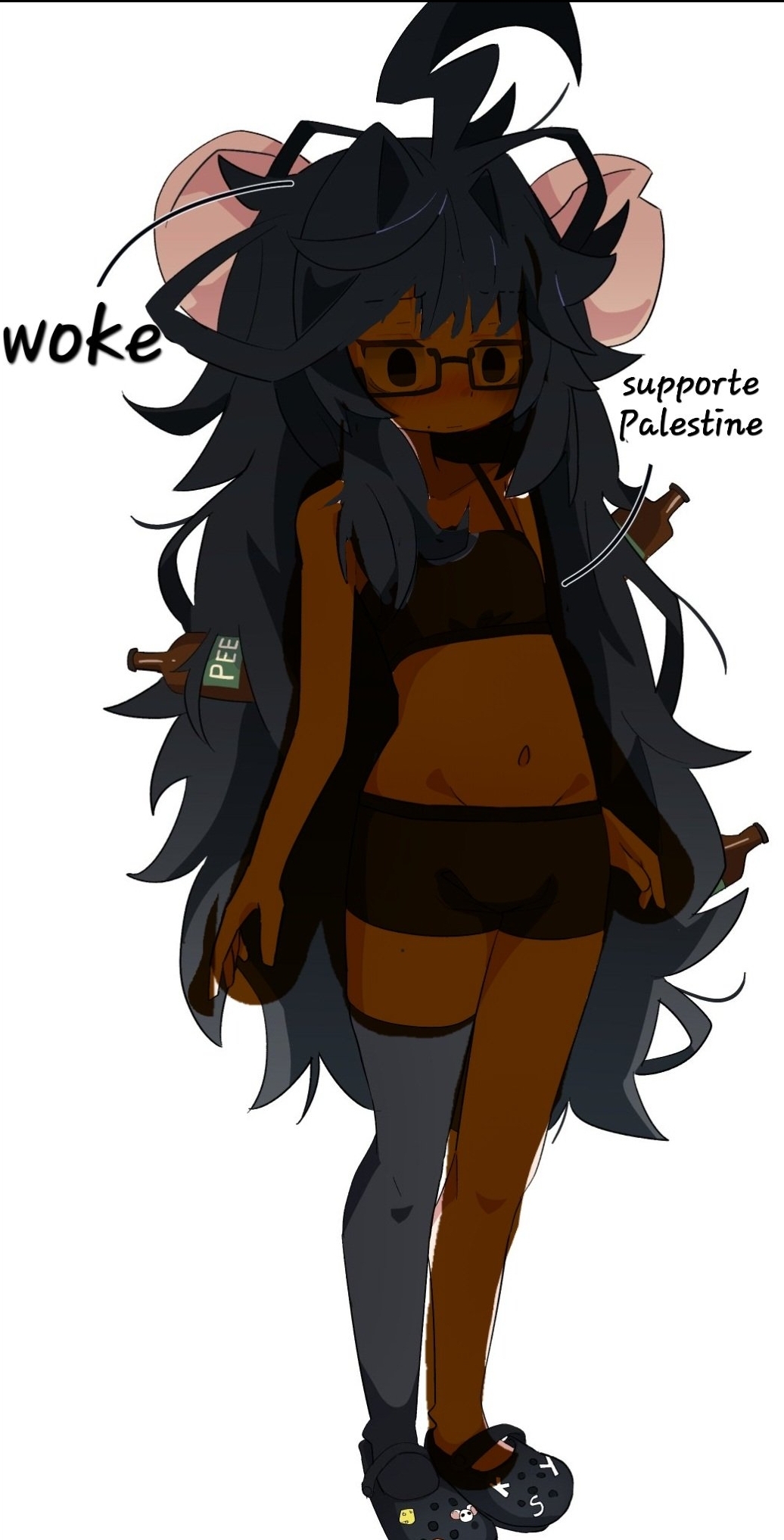 accurate_art_style bitch blackwashed dirty dirty_feet dirty_girl edited glasses long_hair nazi pee_bottle racist_woman rat_ears rat_girl rat_tail ririgaki surprised_expression twich woke