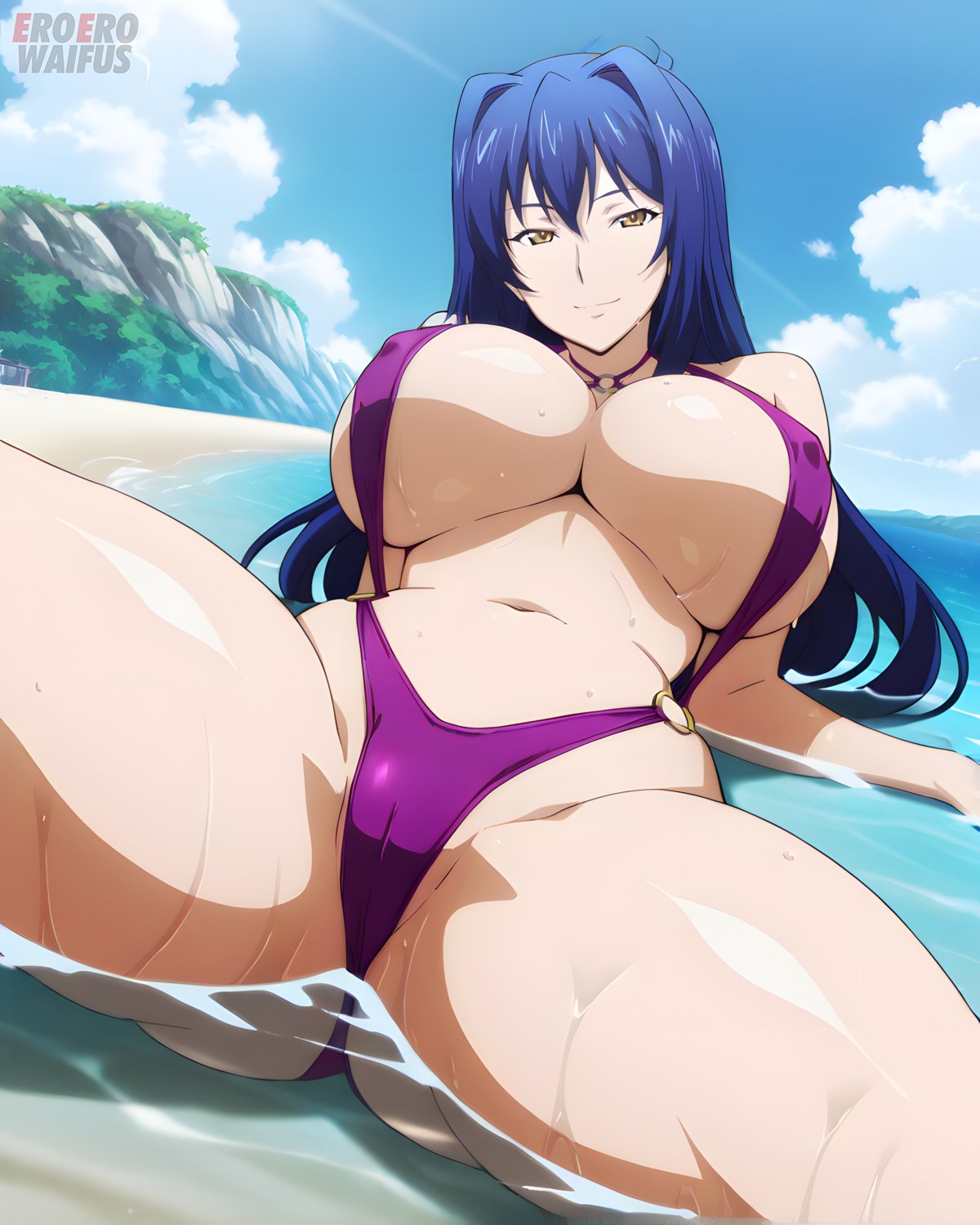 ai generated, bare thighs, beach, blue hair, breasts, eroero waifus, female, gigantic breasts, green eyes, huge breasts, huge thighs, light skin, light-skinned female, long hair, looking at viewer, maken-ki!, massive breasts, mature female, milf, nijou aki, pussy, pussy visible through swimsuit, sling bikini, slingshot swimsuit, smiling, solo female, squatting, sweat, sweatdrop, thick body, thick female, thick thighs, thighhighs, thighs, voluptuous, voluptuous female