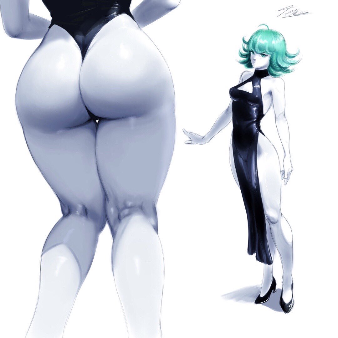 ass, dress, female, fully clothed, green eyes, green hair, high heels, infamoustekazu, one-punch man, short hair, tatsumaki