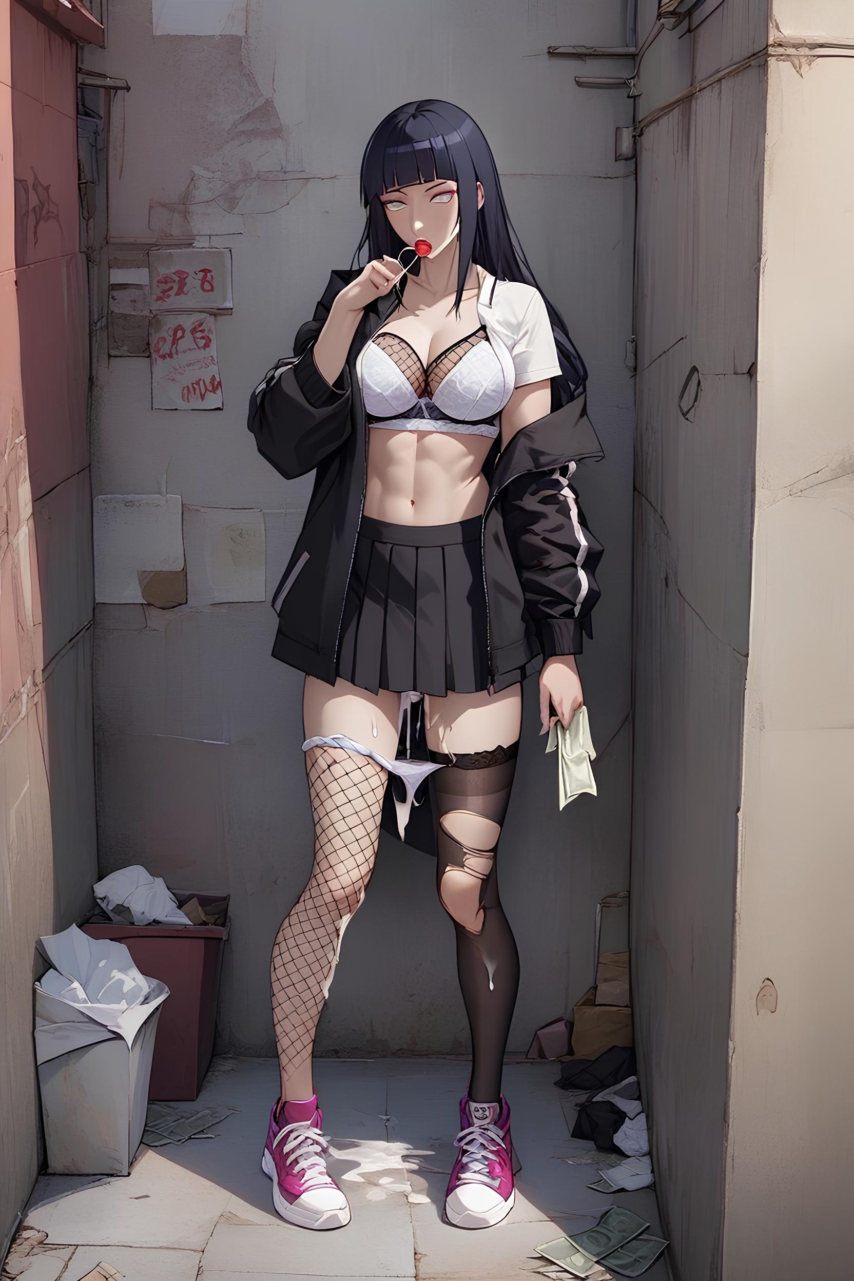 ai generated, alley, alleyway, black fingernails, black jacket, black panties, black skirt, cum, cum drip, cum inside, cum on leg, earrings, female, fishnet bra, fishnet stockings, hooker, hyuuga hinata, lollipop, naruto, naruto (series), naruto shippuden, pink shoes, prostitute, prostitution, purple hair, torn stockings, white bra, white panties