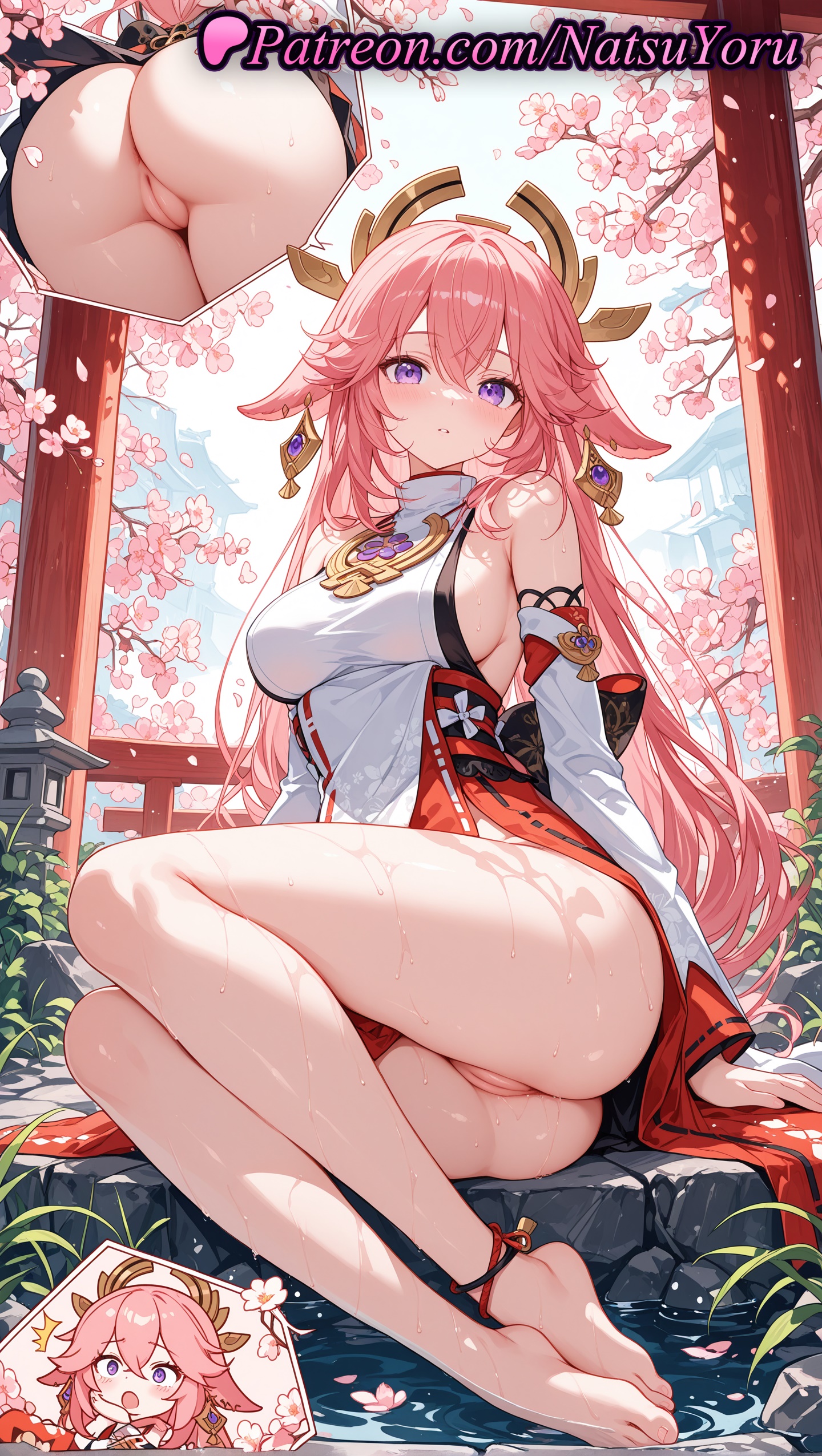 1girls, 2025, ai generated, animal ears, anime, anime style, asian, ass, bangs, bare shoulders, barefoot, breasts, detached sleeves, earrings, feet, female, fox ears, genshin impact, hair ornament, hi res, high quality, high resolution, highres, hoyoverse, jewelry, large breasts, legs, long hair, looking at viewer, mihoyo, mihoyo technology (shanghai) co. ltd., multiple views, natsuyoru, no panties, open mouth, oshiri, patreon, pink hair, purple eyes, pussy, sideboob, sitting, stable diffusion, toes, torii, uncensored, vagina, voluptuous, voluptuous female, wet, yae miko