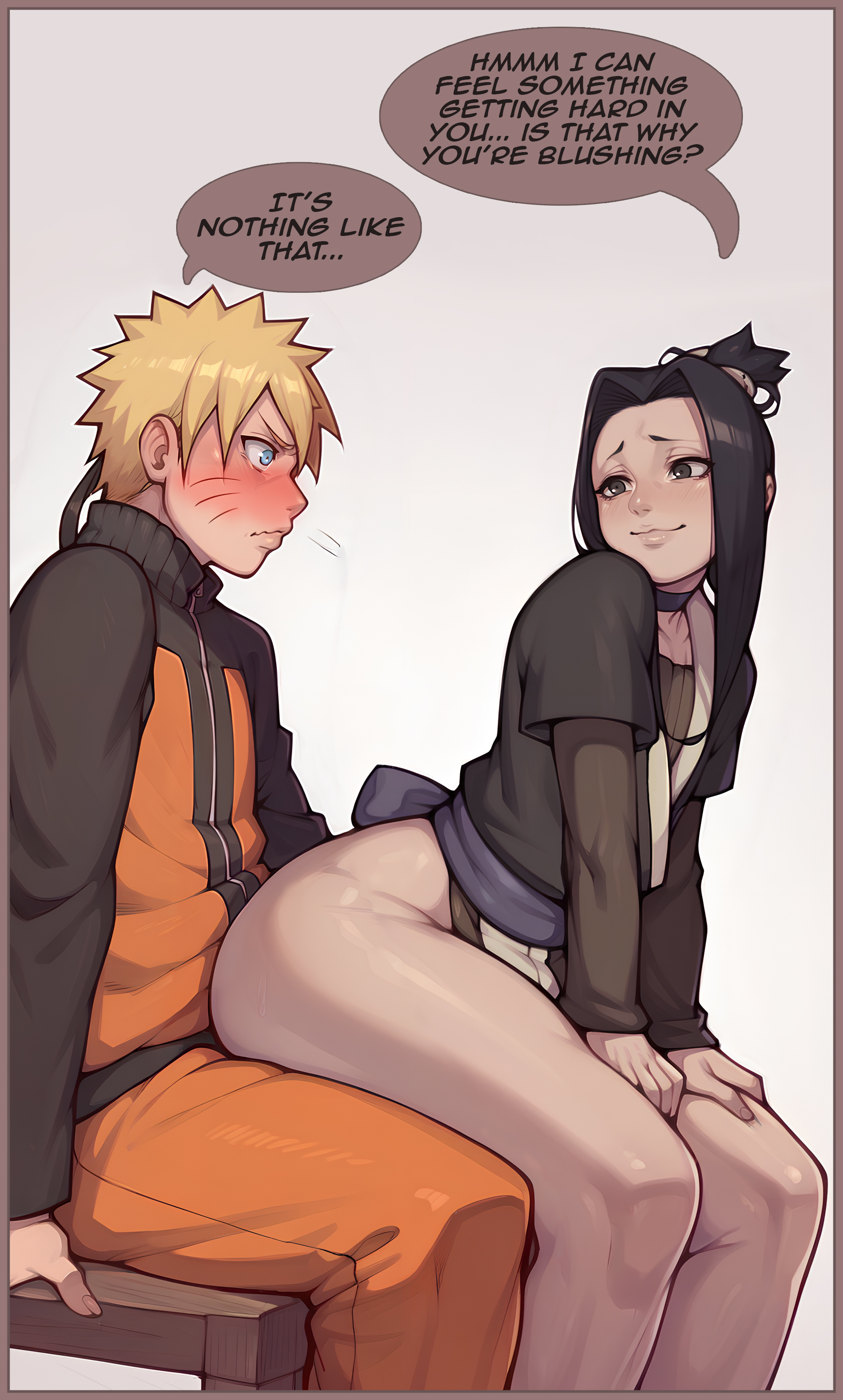 2boys, ai generated, androgynous, aroused, aroused by another, ass, black hair, blue eyes, blush, bottomless, bottomless male, crossdressing, denial, effeminate, english text, erect penis, erection, femboy, feminine male, forest, forest background, from behind, futagenn, gay, gay panic, hair bun, haku (naruto), large penis, light skin, light-skinned male, long hair, long legs, male, male focus, male only, naruto, naruto (classic), naruto (series), naruto shippuden, parted bangs, penis, resisting pleasure, sexual tension, sfw, simple background, sitting, sitting on lap, sitting on person, speech bubble, spiked hair, straight to gay, teasing, temptation, tempting, trap, uzumaki naruto, yaoi