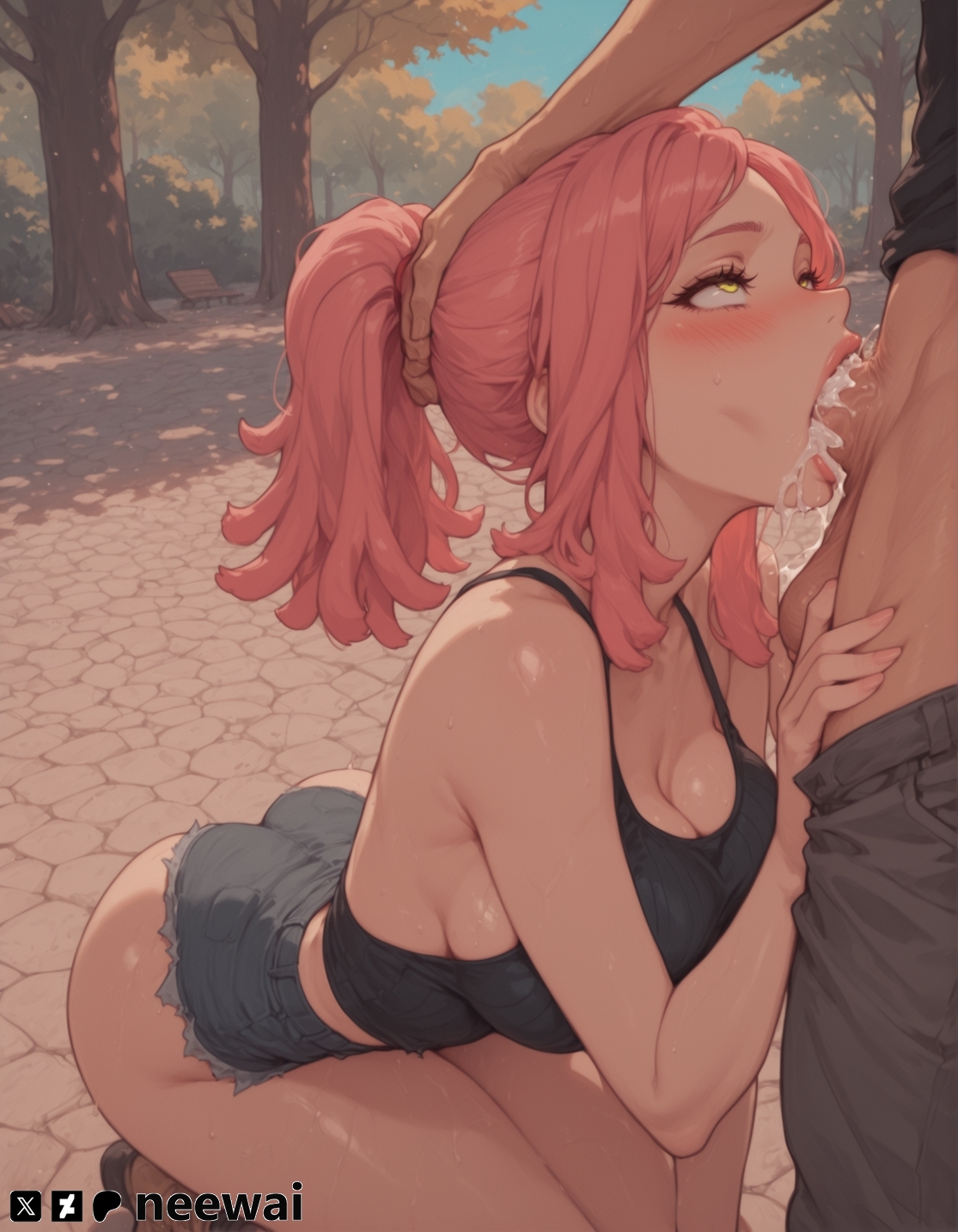 1boy, 1girls, ai generated, all the way to the base, ass, bare shoulders, black shirt, blush, boots, breasts, cleavage, clothes pull, collarbone, cum, cum down throat, cum in mouth, day, deepthroat, denim, denim shorts, dreadlocks, ejaculation, fellatio, female, grabbing another's hair, highres, holding head, huge cock, kneeling, large breasts, lips, long hair, looking up, makeup, male, male pubic hair, mei hatsume, my hero academia, neewai, oral, outdoors, overflow, pants, pants pull, penis, pink hair, pink-haired female, ponytail, pubic hair, rolling eyes, saliva, shirt, short shorts, shorts, sidelocks, solo focus, stable diffusion, straight, sweat, tank top, thighs, throat fuck, tree, uncensored, veins, veiny penis, yellow eyes