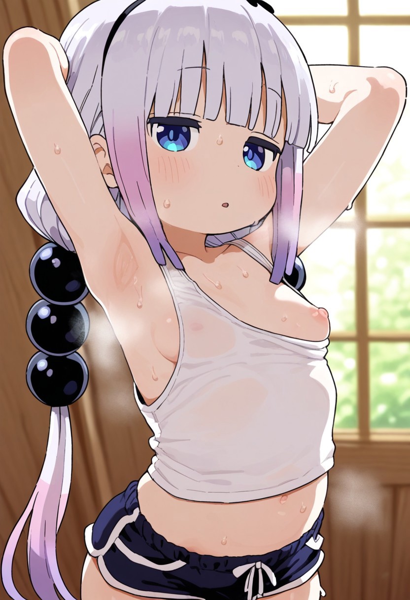 armpit armpit_fetish armpits arms_up artist_request blue_eyes blush breasts breasts_out kanna_kamui multicolored_hair one_breast_out short_shorts shorts small_breasts steam steaming_body sweat sweatdrop sweating tank_top