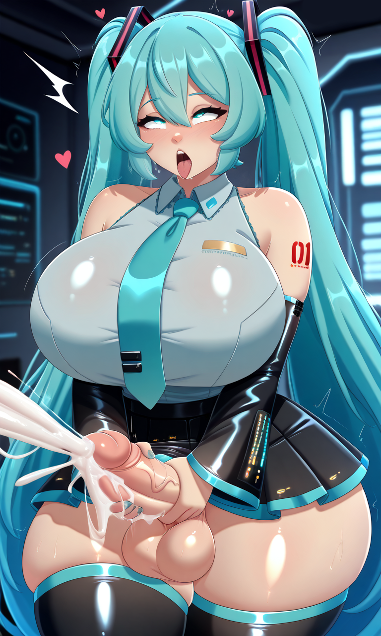 1futa ahe_gao ai_generated big_breasts cum cumming cumshot dickgirl ejaculating_cum ejaculation excessive_cum futa_masturbation futanari giant_breasts hatsune_miku hyper_penis intersex large_breasts large_penis massive_penis masturbation overweight shirt solo_futa thick_thighs thighhighs vocaloid voluptuous_female