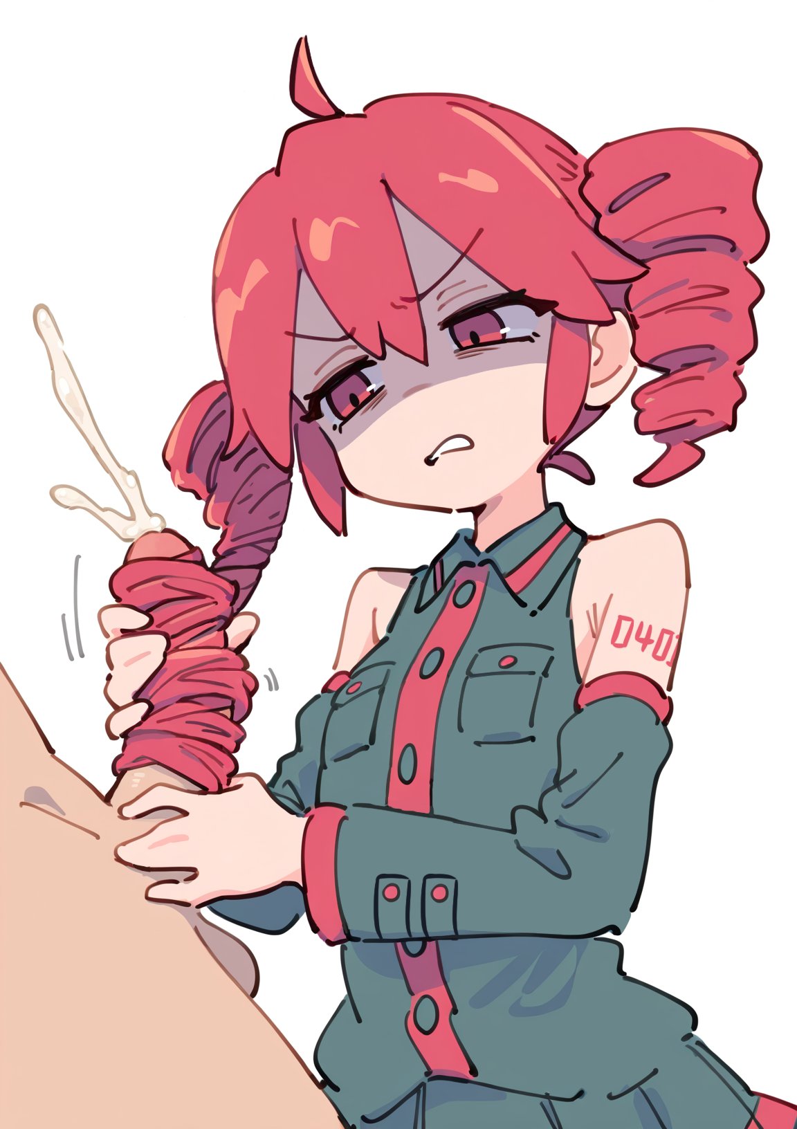 1boy, 1girls, 2d, 2d (artwork), ahoge, annoyed, annoyed expression, arm tattoo, armpit crease, breasts, clothed, clothed female, clothed female nude male, clothing, cum, cumshot, detached sleeves, disgusted, drill hair, ejaculation, female, firedotinc, hair sex, hairjob, handjob, kasane teto, male, motion lines, nude, nude male, outercourse, penis, petite, petite body, petite female, pink hair, red eyes, red hair, shoulder tattoo, simple background, sleeveless, small breasts, solo focus, straight, tagme, tattoo, twin drills, uncensored, utau, veins, white background