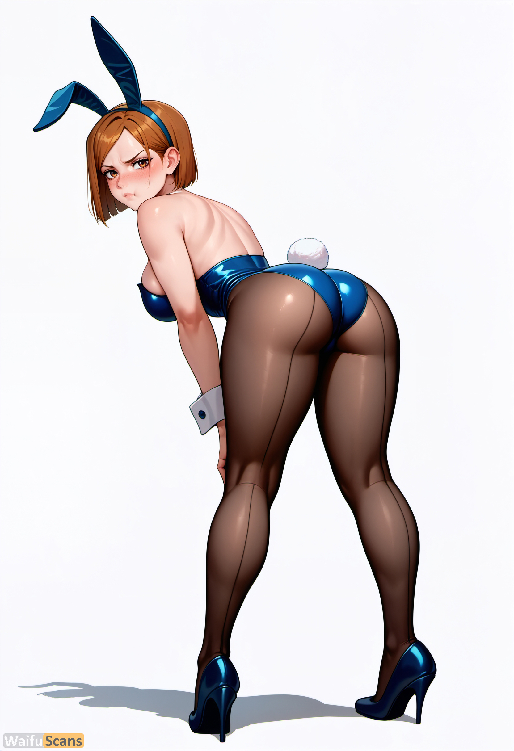 ai generated, animal ears, artist name, ass, bangs, bare shoulders, blue leotard, blush, breasts, brown eyes, brown hair, brown pantyhose, closed mouth, fake animal ears, fake tail, female, from behind, full body, high heels, high resolution, highres, jujutsu kaisen, kugisaki nobara, large breasts, leotard, looking at viewer, looking back, pantyhose, playboy bunny, rabbit ears, rabbit tail, shiny clothes, short hair, sideboob, simple background, solo, stable diffusion, standing, strapless, strapless leotard, tail, thighs, waifuscans418, white background, wrist cuffs