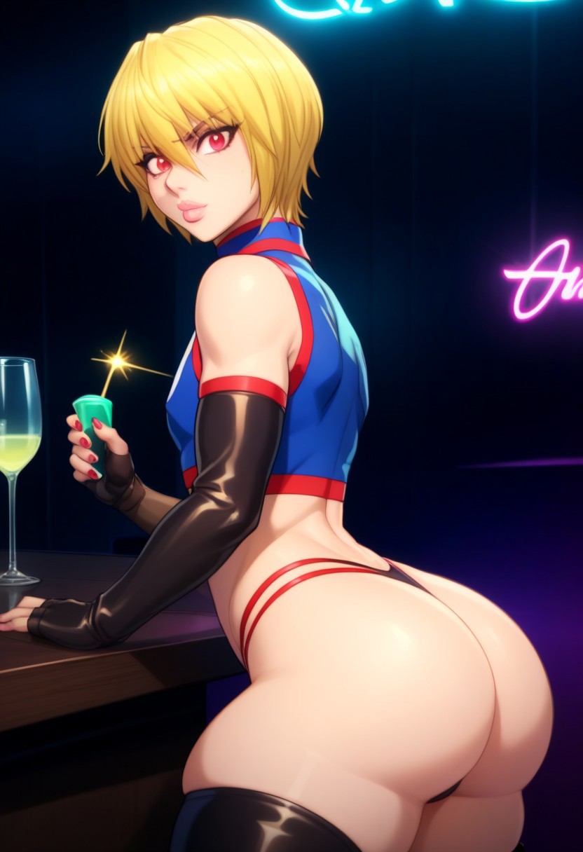 ai generated, armwear, ass, bar (place), bar counter, big ass, black legwear, blonde hair, crossdressing, eyebrows, eyebrows visible through hair, eyelashes, femboy, feminine male, girly, hunter x hunter, indoors, kurapika, legwear, lips, looking at viewer, male, red eyes, side view, sidelocks, thick thighs, thighs, thong, thunderman532350, trap