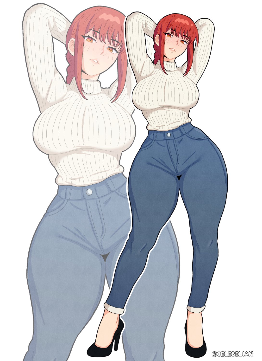 big breasts, blush, breasts, celebelian, chainsaw man, clothed, clothes, clothing, curvaceous, curvaceous body, curvaceous female, curvaceous figure, curvaceous hips, curvy, curvy body, curvy female, curvy figure, curvy hips, female, female focus, female only, heels, high heels, hips, makima (chainsaw man), red hair, solo, solo female, thick, thick hips, thick thighs, wide hips, yellow eyes