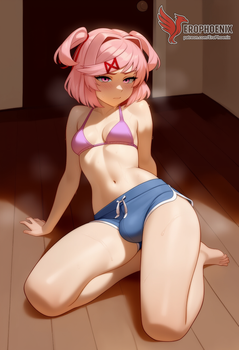 1futa 1girls 2d ai_generated ass bangs barefeet big_ass bra breasts doki_doki_literature_club erection erection_under_clothes erophoenix feet female female_focus full_body futanari looking_at_viewer looking_back natsuki_(doki_doki_literature_club) nude pale_skin pale_skinned_female patreon_username pink_eyes pink_hair small_breasts small_penis smile soles solo solo_female sweat thick thick_thighs toes uncensored