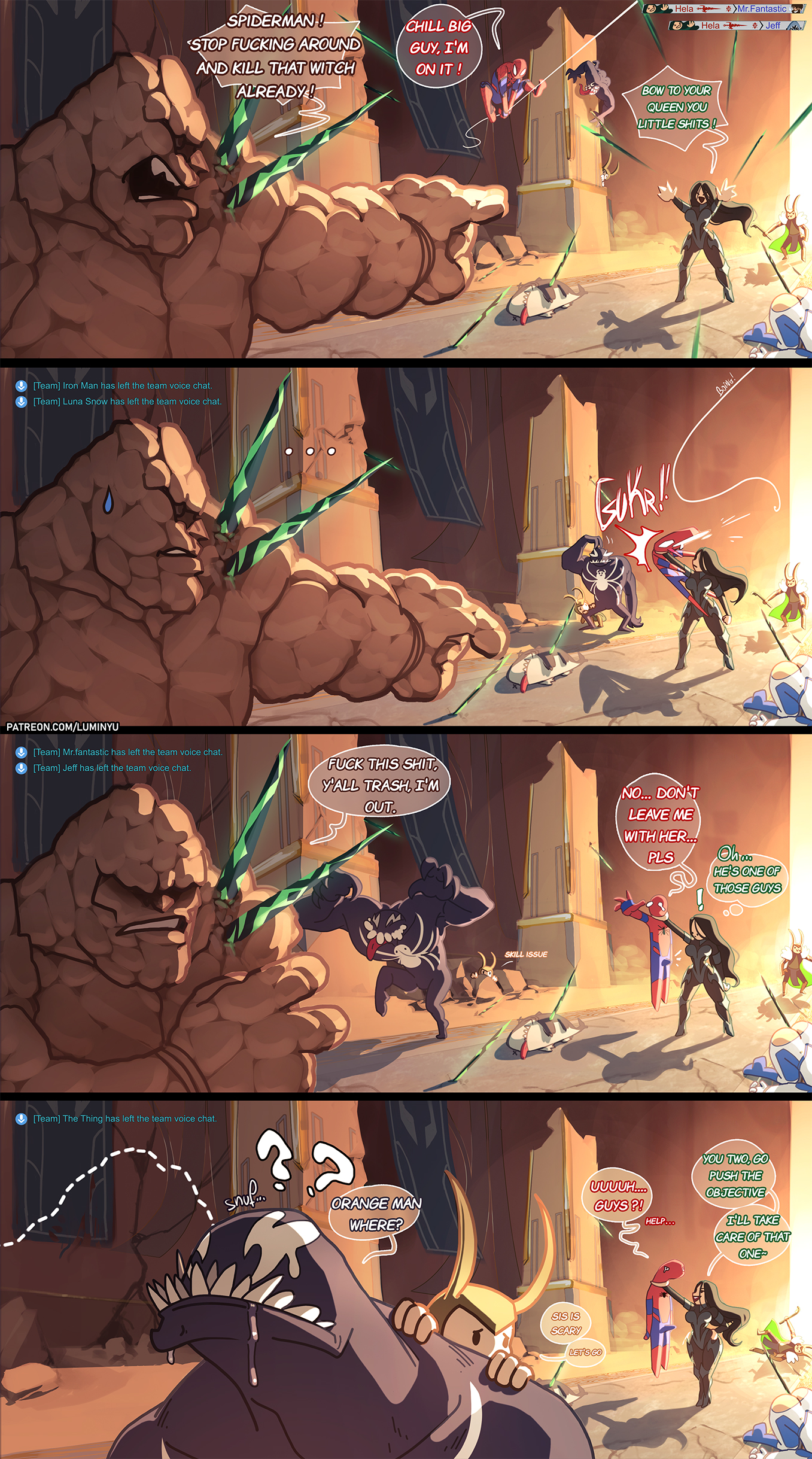 2d, 4 panel comic, ass, ass up, bodysuit, english text, erection, erection under bodysuit, erection under clothes, fantastic four, female, gameplay mechanics, hela, hela (marvel rivals), jeff the land shark, loki (marvel rivals), loki (marvel), luminyu, man ass, marvel, marvel comics, marvel rivals, meme, mr fantastic, mr fantastic (marvel rivals), peter parker, reed richards, speech bubble, spider-man, spider-man (marvel rivals), spider-man (series), the thing (marvel), torn bodysuit, venom (marvel rivals), venom (marvel)