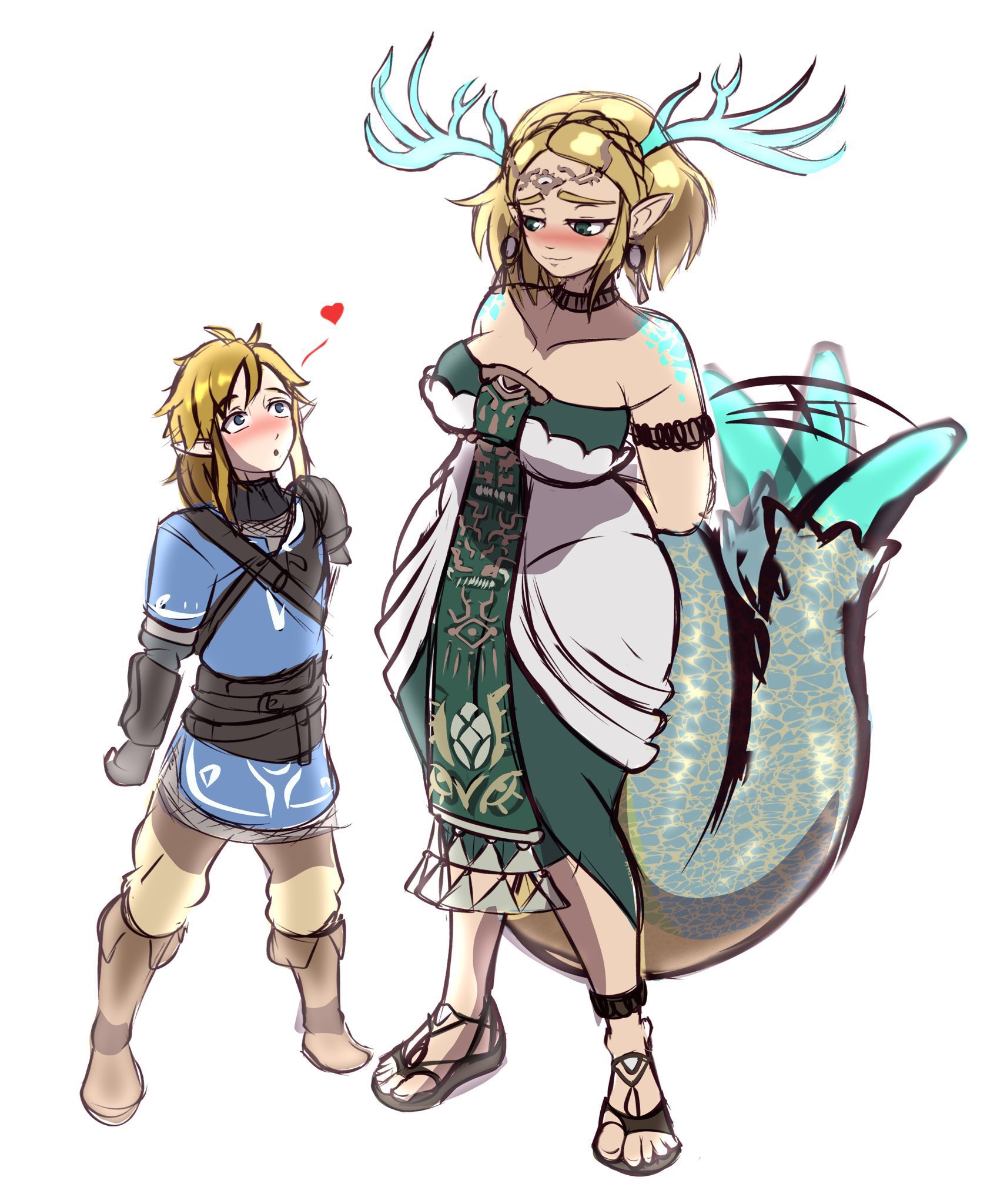 1boy, 1girls, big breasts, bigger female, blonde hair, blush, breasts, clothed, dragon girl, dragon horns, dragon tail, dragon zelda, dress, female, heart symbol, horn, larger female, light dragon (totk), link, looking at another, male, nintendo, pointy ears, princess zelda, short hair, tail, tailwag, taller female, tears of the kingdom, the legend of zelda, thick thighs, xendrawsthings, zelda (tears of the kingdom)