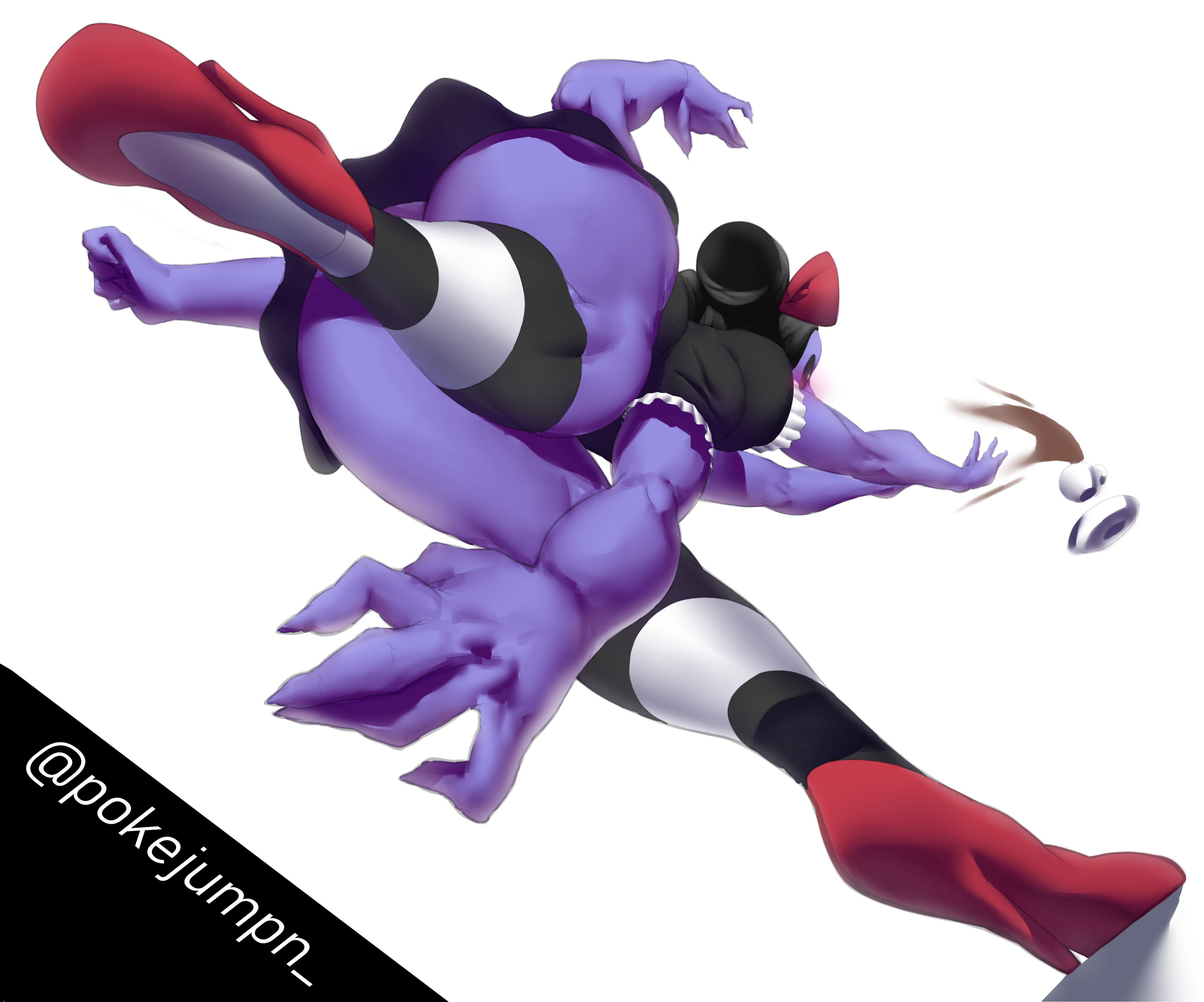 blush, censored, cup, falling, female, high heels, low-angle view, maid, monster girl, muffet, no visible genitalia, perspective, plate, pokejumpn, spider girl, stockings, thick thighs, undertale, undertale (series), watermark