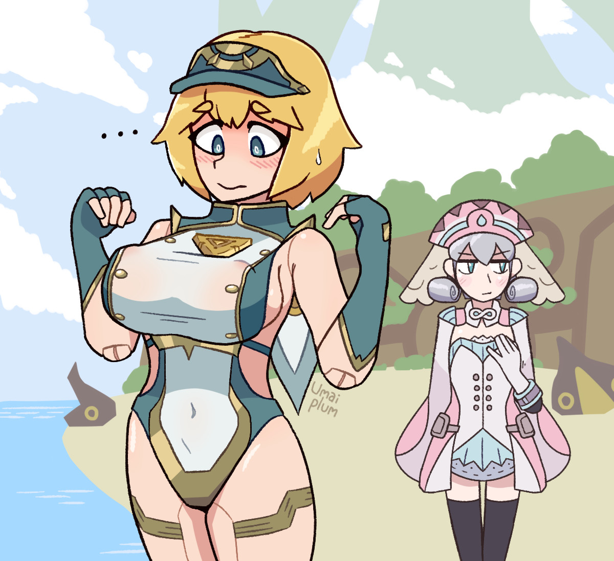 2girls, beach, big breasts, blonde hair, blue eyes, blush, breast envy, breast squish, breasts, cybernetic arm, cybernetic limb, cyborg, cyborg girl, embarrassed, female, fiora (xenoblade), head wings, inconvenient breasts, mecha-fiora (xenoblade), melia antiqua, nipples, nipples visible through clothing, official alternate costume, prosthetic, prosthetic arm, prosthetic leg, prosthetic limb, short hair, straining, straining clothing, swimsuit, swimwear, translucent, translucent clothing, umaiplum, wet, wet body, xenoblade (series), xenoblade chronicles