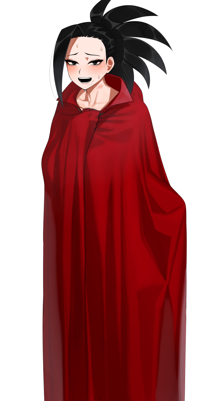 1girls, black eyes, black hair, black-haired female, blush, cloak, female, female only, flustered, highres, momo yaoyorozu, my hero academia, naked cloak, red cloak, senju (snz0), simple background, stray pubic hair, white background