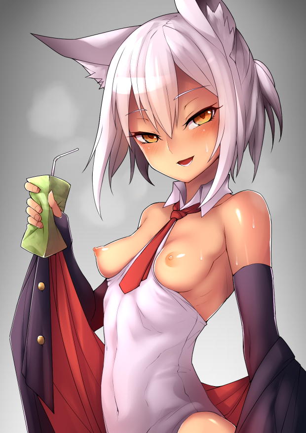 :d animal_ears black_gloves blush breasts covered_navel dark-skinned_female dark_skin elbow_gloves female fingerless_gloves fox_ears gloves looking_at_viewer necktie nipples nishino_(waero) open_mouth original smile solo sweat white_hair yellow_eyes