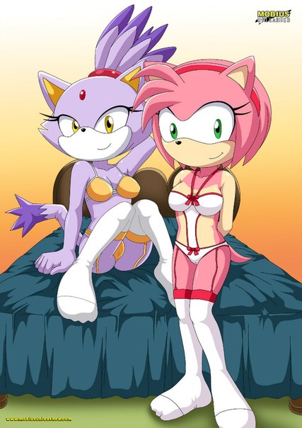 2girls, amy rose, anthro, bbmbbf, blaze the cat, bra, feline, female, female only, fur, furry, garter belt, green eyes, hedgehog, lingerie, mobius unleashed, palcomix, panties, pink fur, purple fur, sega, smiling, sonic (series), sonic the hedgehog (series), stockings, yellow eyes