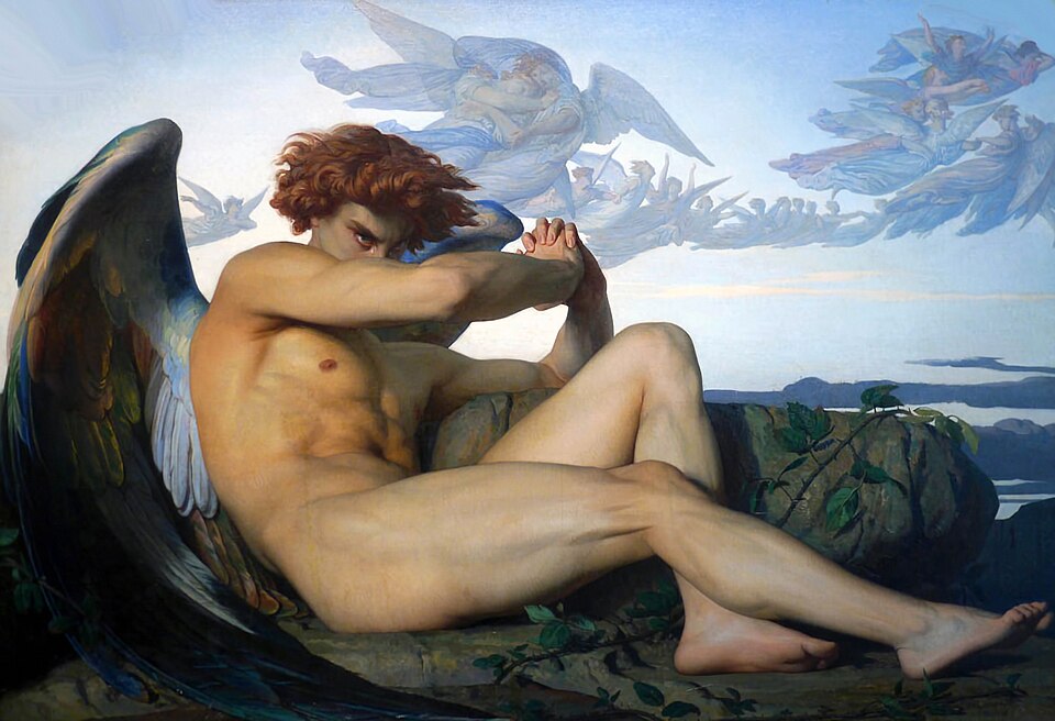 1800s, 1boy, alexandre cabanel, angry, angry expression, angry face, christianity, convenient censoring, crying, crying with eyes open, curly hair, fallen angel (cabanel), fine art, leg censor, lucifer, lucifer (hebrew religion), male, male only, muscular, muscular male, nonsexual, nonsexual nudity, nude, nude male, oil painting, oil painting (artwork), painting (artwork), pectorals, public domain, red hair, religion, short hair, solo male, tagme, traditional media (artwork), wings