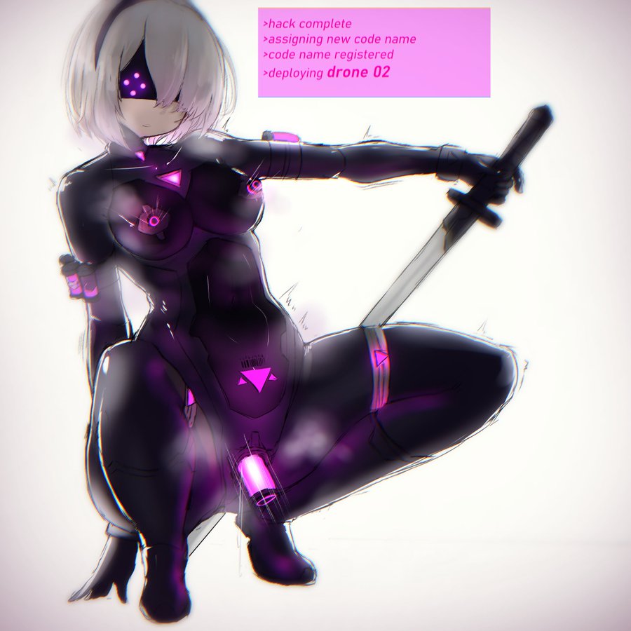 anal insertion, barcode, barcode tattoo, bodysuit, breast augmentation, breasts, corruption, dronification, english text, female, femsub, katana, mask, nier: automata, pubic tattoo, shiny clothes, sword, tagme, tagme (artist), text, tight clothing, tube, white hair, yorha 2b