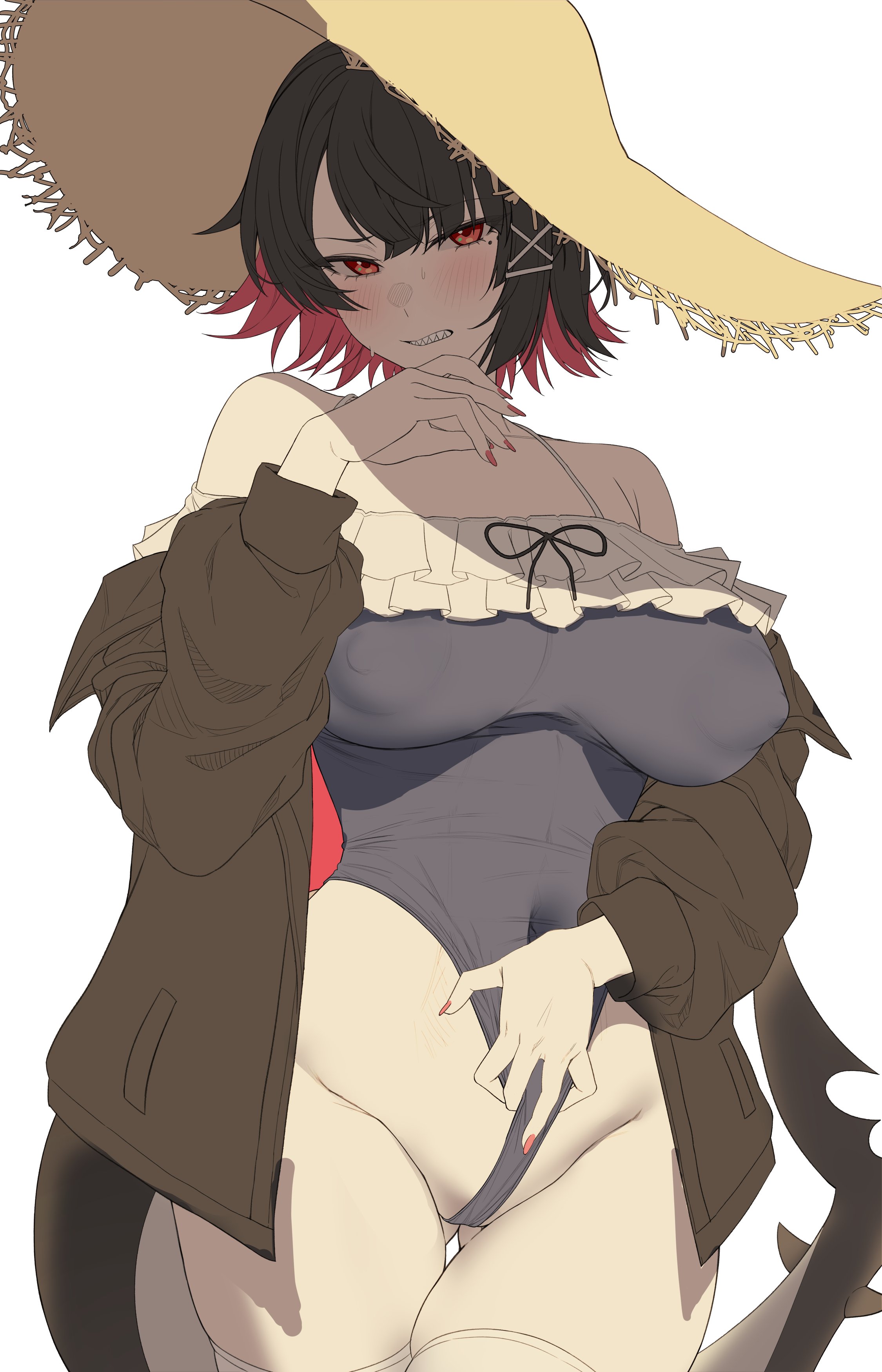 1girls, big breasts, black and red hair, black hair, blush, blushing at viewer, breasts, coat, colored nails, ellen joe, female, female focus, female only, large boobs, large breasts, light skin, light-skinned female, long nails, looking at viewer, multicolored hair, nompang, painted nails, shark girl, shark tail, sharp teeth, short hair, short-haired female, solo, solo female, solo focus, swimsuit, swimwear, zenless zone zero