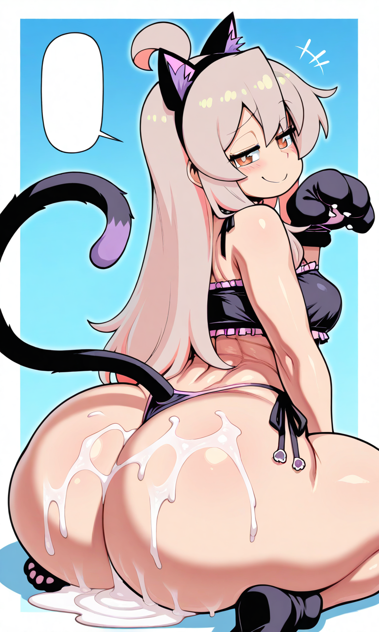 ai generated, ass, cat ears, cat lingerie, cat paws, cat tail, cum, cum on body, female, large ass, onii-chan wa oshimai!, oyama mahiro, request, seductive, seductive pose, seductive smile
