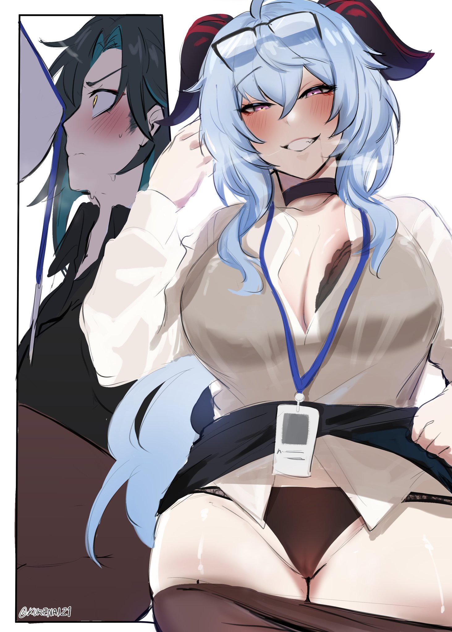 1boy, 1girls, big breasts, black underwear, bra visible through clothes, breasts, breasts on face, dark green hair, demon, demon boy, female, ganyu (genshin impact), genshin impact, glasses on head, goat girl, goat horns, ice blue hair, id card, kurenaiz1, lifting skirt, light skin, light-skinned female, light-skinned male, male, pants down, reupload, showing panties, thick thighs, translucent clothing, wet clothes, white blouse, xiao (genshin impact)