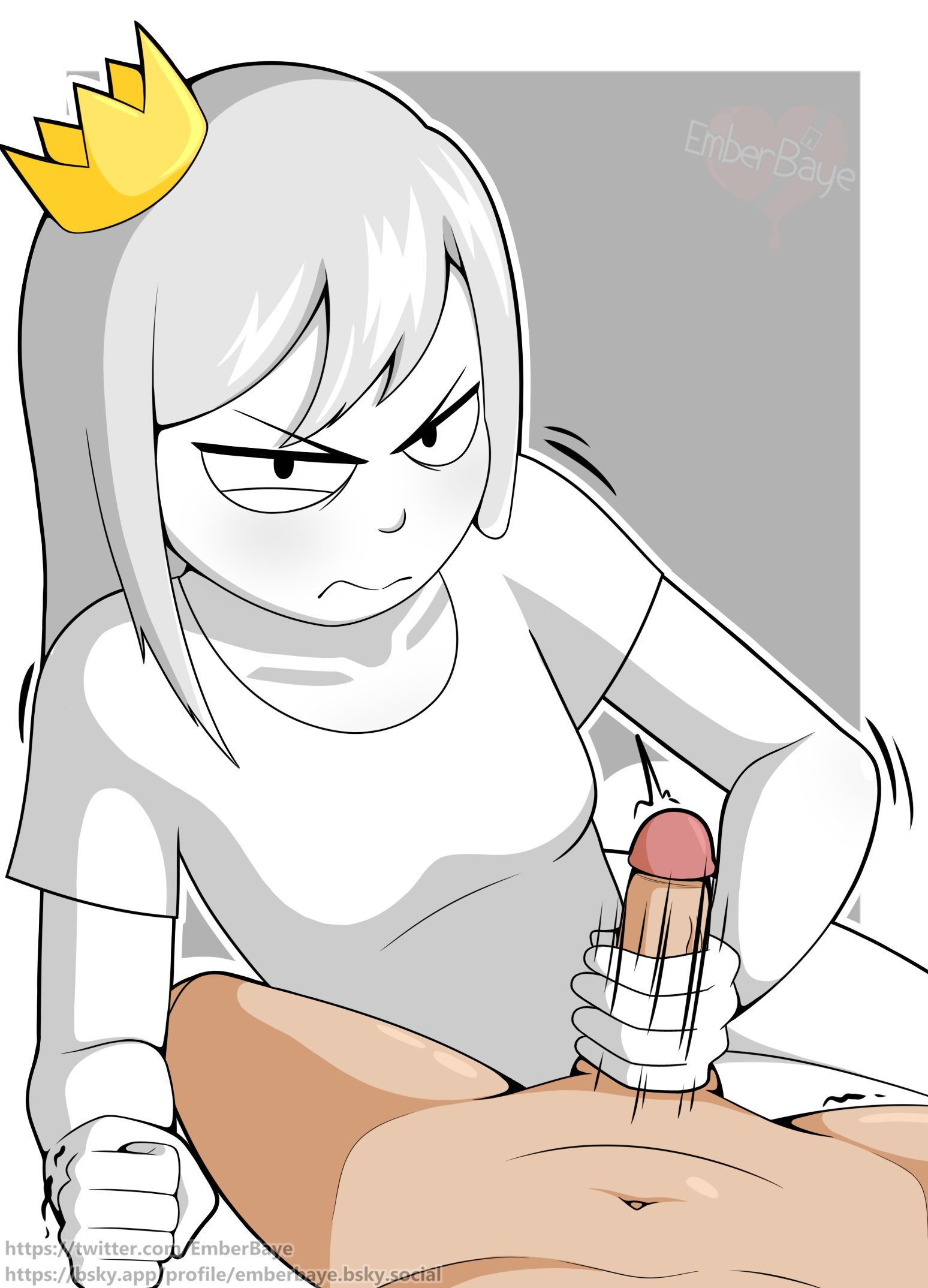 angry, bare thighs, blush, clenched hand, crown, emberbaye, eye twitch, female, handjob, looking at viewer, male, monochrome characters, motion lines, nude, nude male, penis, shaking, tabbes, wavy mouth, white shirt, youtube