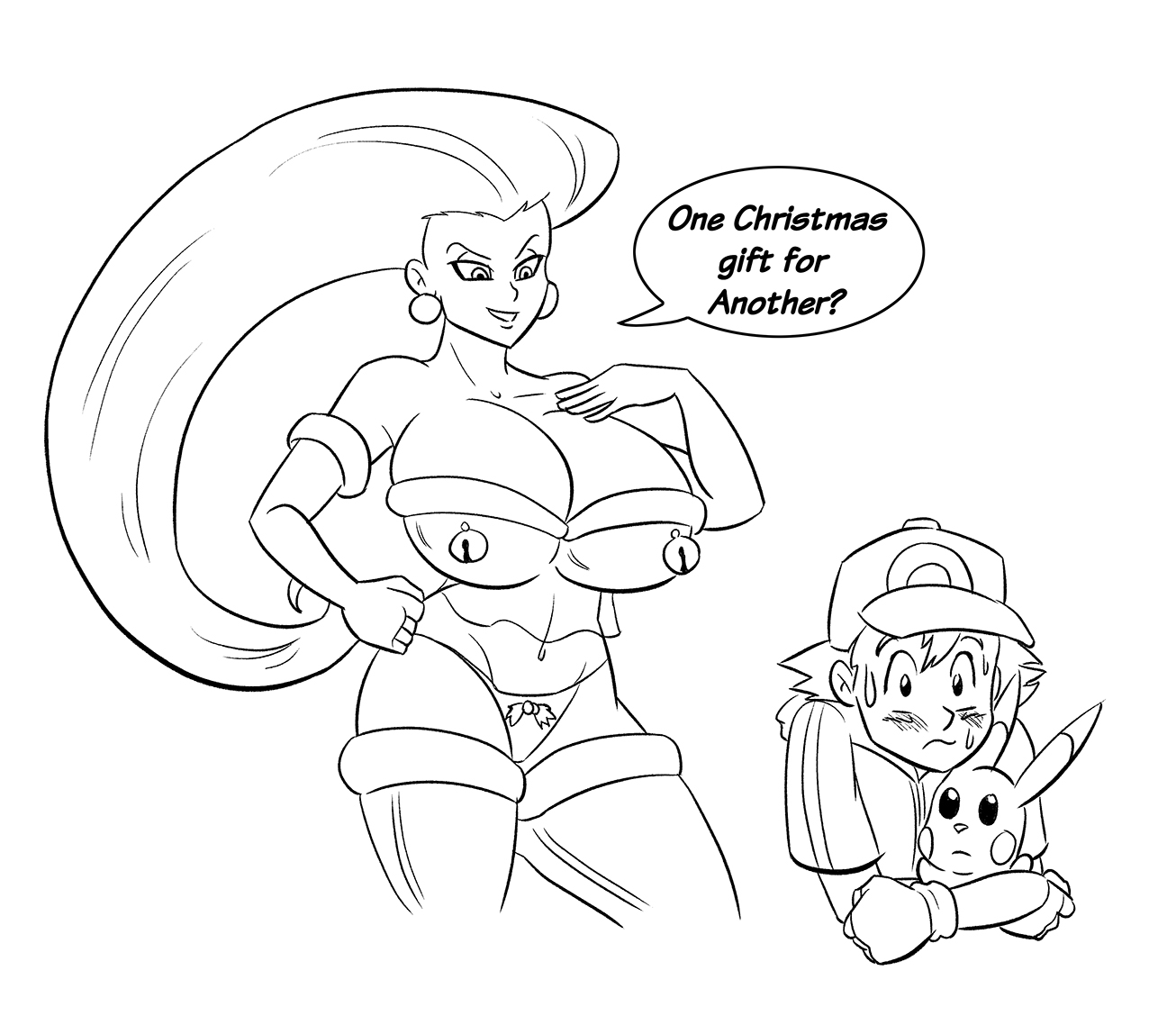 ash ketchum, big breasts, breasts, christmas, cleavage, female, glassfish, gloves, hourglass figure, human, imminent sex, jessie (pokemon), large breasts, male, mistletoe, mistletoe above vagina, nintendo, pikachu, pokemon, pussy, santa lingerie, satoshi (pokemon), seductive, team rocket, thighhighs