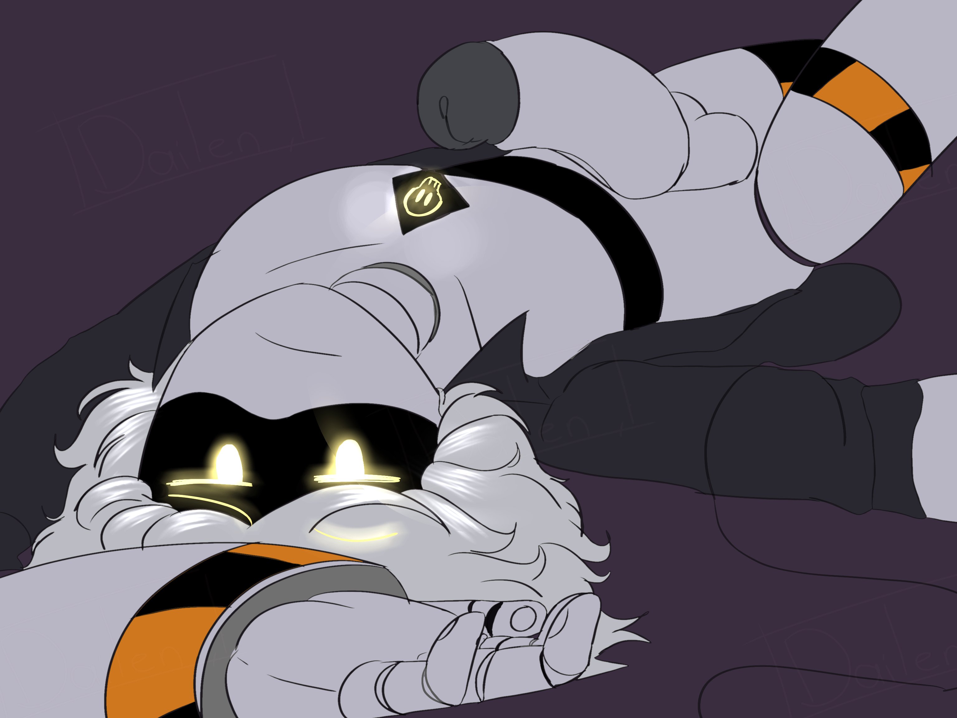 2025, 2d, 2d (artwork), 2d artwork, balls, black clothing, chest, clothing, cock, dailenariek, dick, digital art, digital drawing (artwork), digital media (artwork), fanart, glitch productions, glowing eyes, huge cock, large balls, large penis, laying on back, looking back at viewer, lying on back, male, male only, metallic body, murder drones, n (murder drones), nude, penis, robot, solo, staring at viewer, tail, thighs, white body, white hair