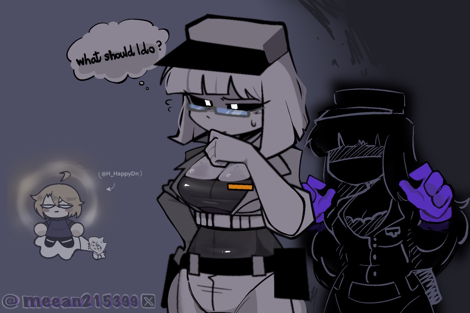 2d, 2d (artwork), 2girls, cleavage, cleavage cutout, cleavage window, clothed, clothing, female, five nights at freddy's, hailey emily, henry emily, imminent sex, rule 63, security guard, shadowy figure, text, text bubble, wendy afton, william afton