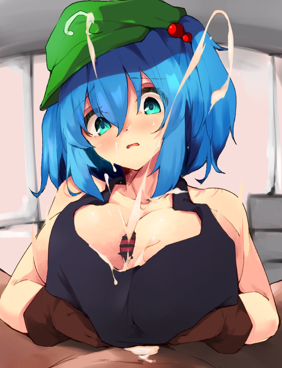 1boy 1girls aqua_eyes bar_censor big_breasts black_tank_top blue_hair blush breasts brown_gloves censored commentary_request cum cum_on_breasts cum_on_face cumshot dark-skinned_male dark_skin female gloves hair_bobbles hair_ornament highres huge_breasts indoors kawashiro_nitori male navel open_mouth paizuri penis pov short_hair solo_focus spy_artservice straight tank_top touhou two_side_up upper_body