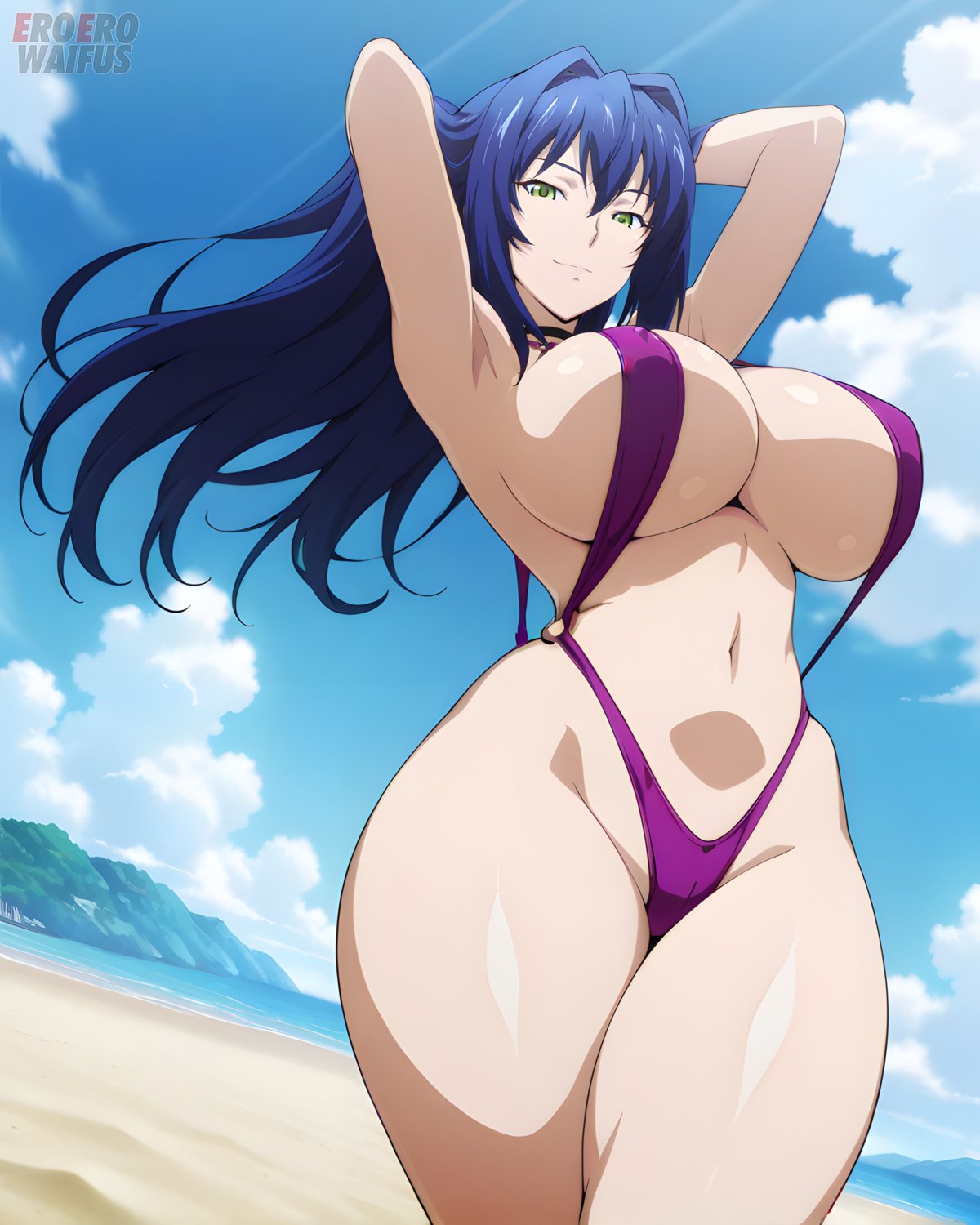 ai generated, armpits, arms up, bare thighs, beach, blue hair, breasts, eroero waifus, female, gigantic breasts, green eyes, huge breasts, huge thighs, light skin, light-skinned female, long hair, looking at viewer, maken-ki!, massive breasts, mature female, milf, nijou aki, sling bikini, slingshot swimsuit, smiling, solo female, squatting, sweat, sweatdrop, thick body, thick female, thick thighs, thighs, voluptuous, voluptuous female