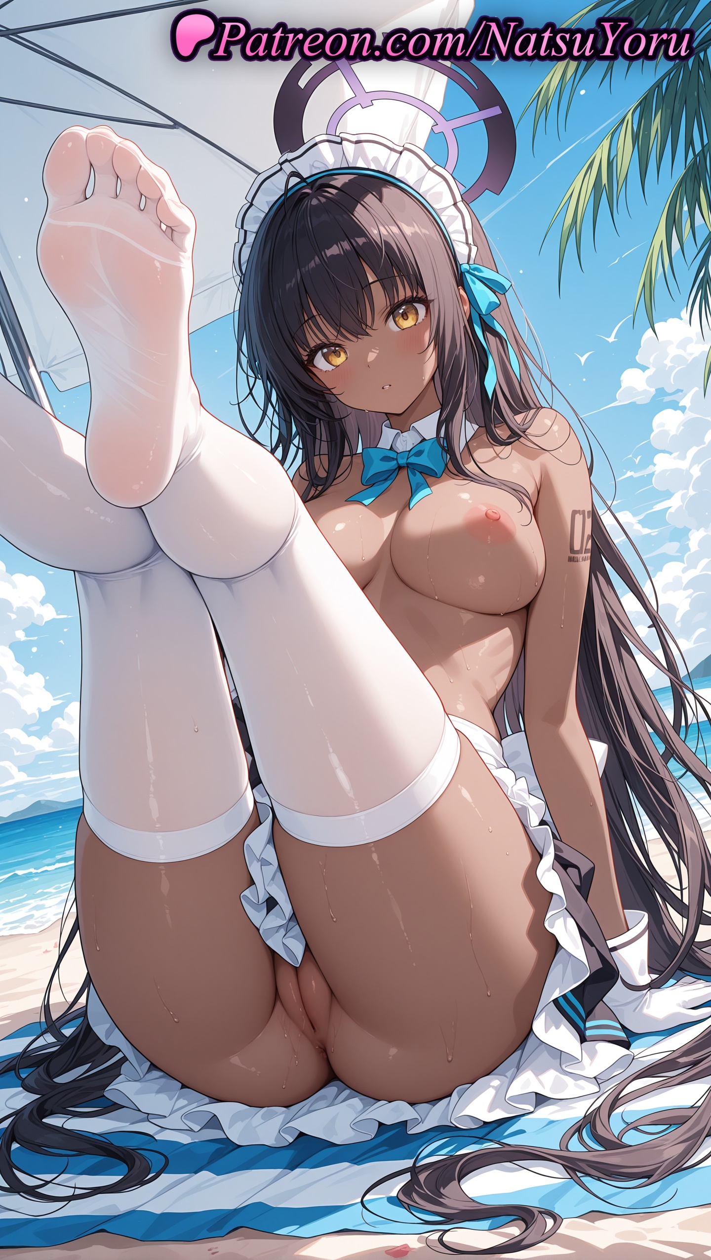 1girls, 2025, ai generated, anus, ass, bangs, beach, black hair, blue archive, blue bowtie, blush, bow, bowtie, breasts, dark skin, dark-skinned female, detached collar, feet, female, gloves, halo, hi res, highres, karin (blue archive), large breasts, long hair, looking at viewer, maid headdress, natsuyoru, nipples, no panties, no shoes, outdoors, parted lips, patreon, pussy, sitting, skirt, soles, solo, thighhighs, thighs, toes, topless, vagina, very long hair, voluptuous, voluptuous female, white gloves, white thighhighs, yellow eyes