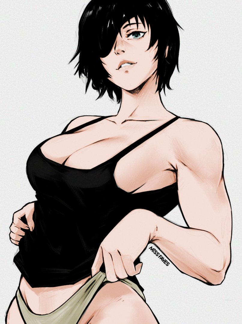 1girls 2d adult adult_female ajaycolor artist_name big_breasts black_hair black_tank_top blank_background blush breasts chainsaw_man cleavage confident confident_smile eyepatch fair-skinned_female fair_skin female female_focus female_only himeno_(chainsaw_man) human human_female human_only legs_out_of_frame light-skinned_female light_skin looking_at_viewer missfaves panty_pull pulling_panties pulling_up_panties realistic_anatomy realistic_breast_size realistic_proportions seductive seductive_look short_hair simple_background smile smile_at_viewer solo solo_female solo_focus straight_hair tank_top teasing thighs turquoise_eyes upper_body upper_body_focus white_background young_woman