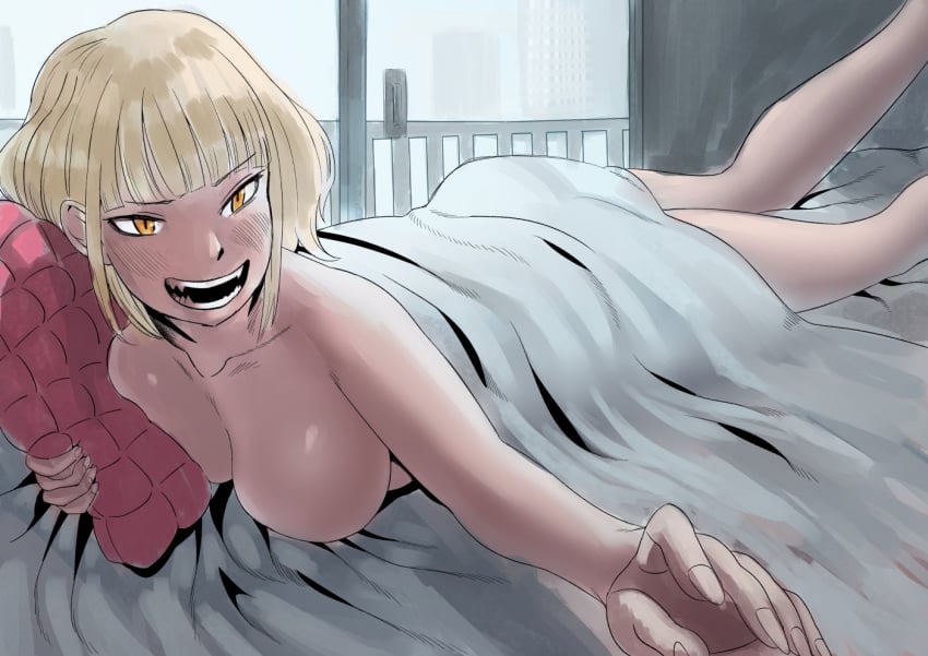 1girls bed bedroom big_breasts blonde_female blonde_hair blush breasts city_background female female_only get_in_bed(meme) hair hands himiko_toga holding_object laying_on_bed laying_on_stomach legs lemonbizate_(artist) looking_at_viewer my_hero_academia on_bed on_stomach open_mouth pillow sheets short_hair smile solo yellow_eyes