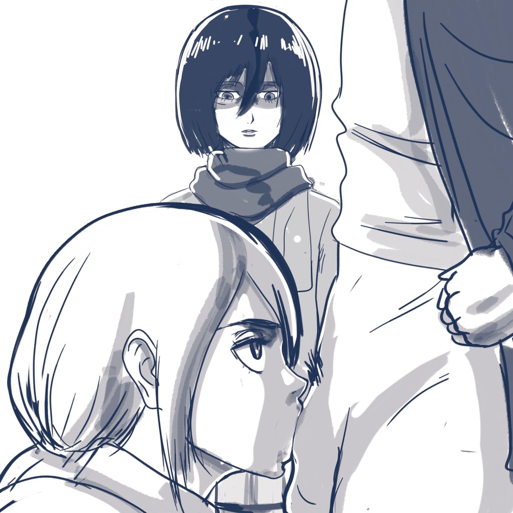 1boy, 2girls, all the way to the base, angry face, attack on titan, being watched, blonde hair, blowjob, blowjob only, cuckquean, cute, deepthroat, eren jaeger, eye contact, faceless male, fellatio, female, giving head, historia reiss, jealous, jealous female, jealousy, kneeling, looking at another, male, male/female, mikasa ackerman, monochrome, multiple females, multiple girls, new epic artist, ntr, oral, penis, petite, shingeki no kyojin, side view, sketch, skinny, slim, straight, sucking penis, teenager, voyeur, watching