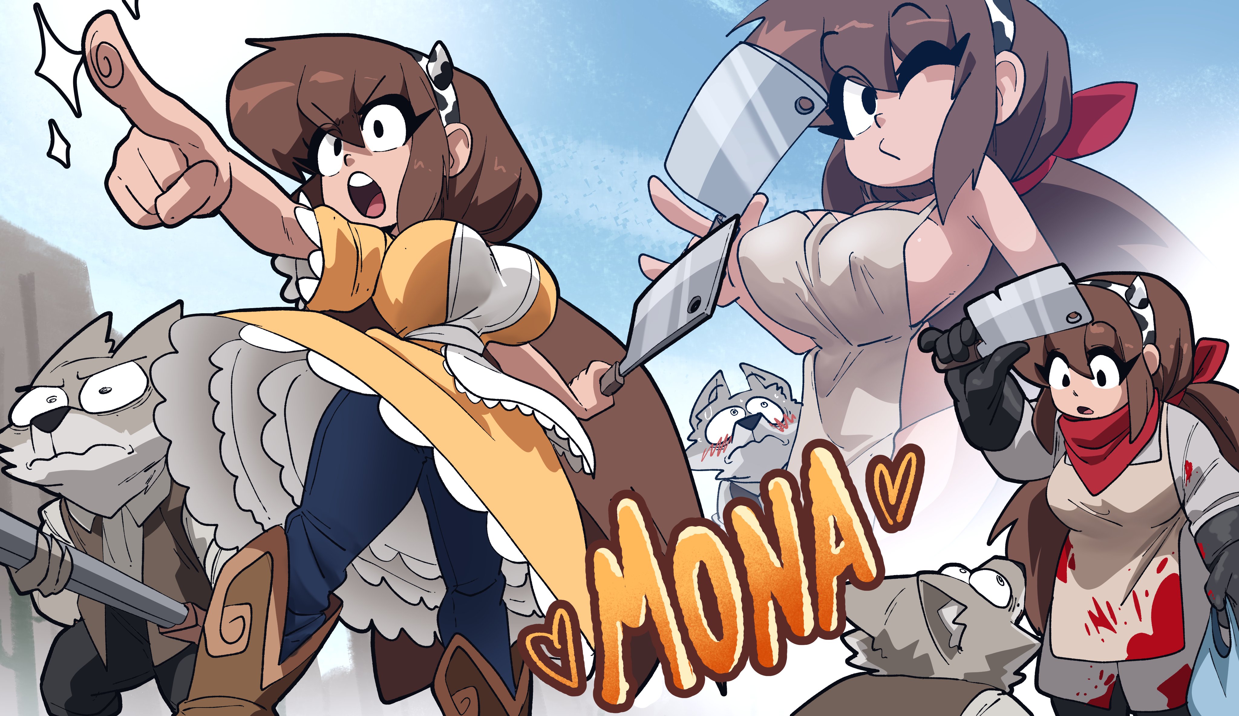anthro, apron only, big breasts, blood, blush, breasts, brown hair, butcher knife, canid, canine, canis, carlos (inker comics), coolerinker, female, hairband, inker comics, inkershike, jeans, long hair, male, mona (inker comics), oc, original, wolf, yellow dress